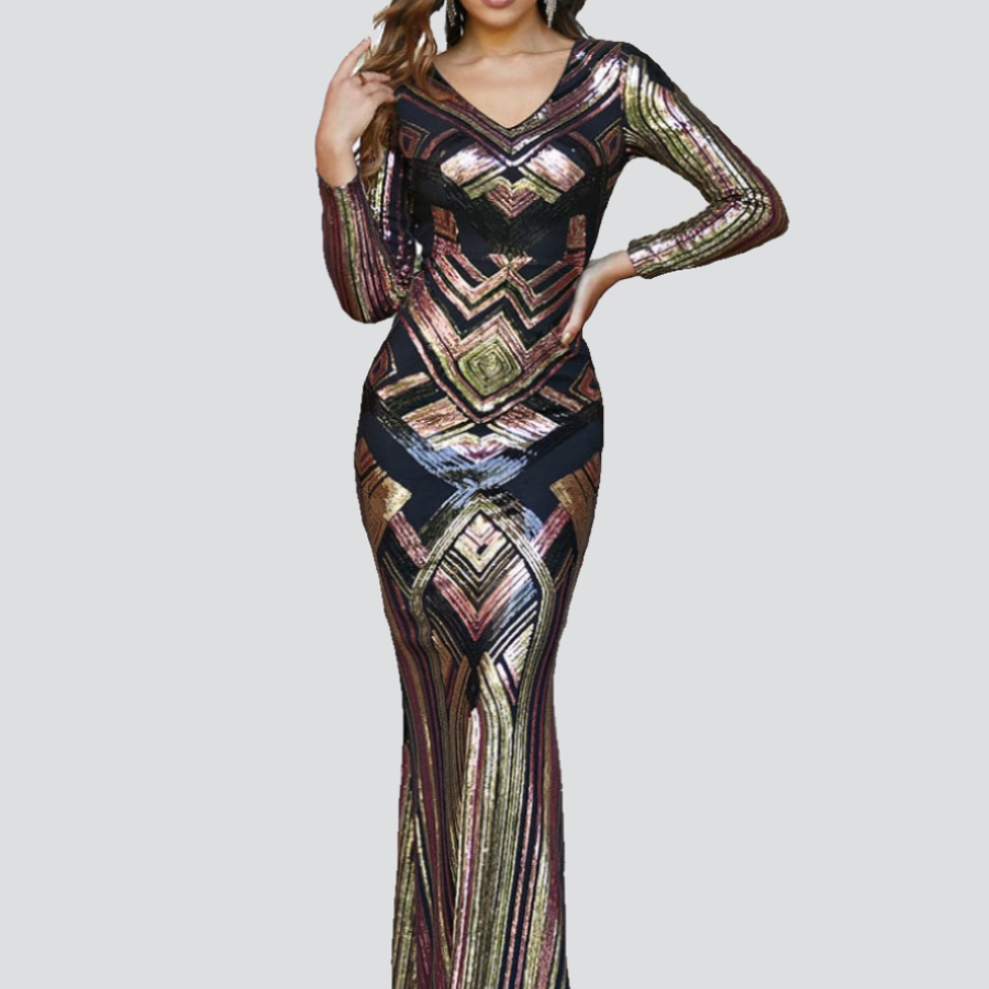 V Neck Geometric Sequin Mermaid Evening Dress XJ1793