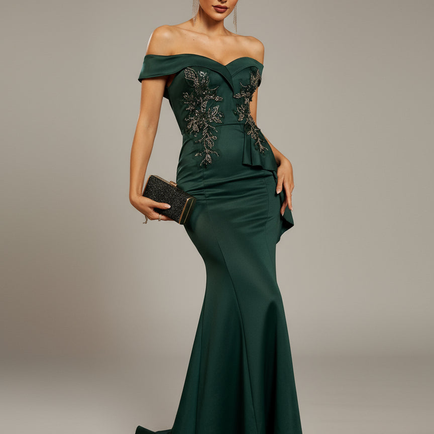Green Embroidered Off Shoulder Mermaid Evening Dress XJ1843 MISS ORD Green Embroidered Off Shoulder Mermaid Evening Dress XJ1843 MISS ORD