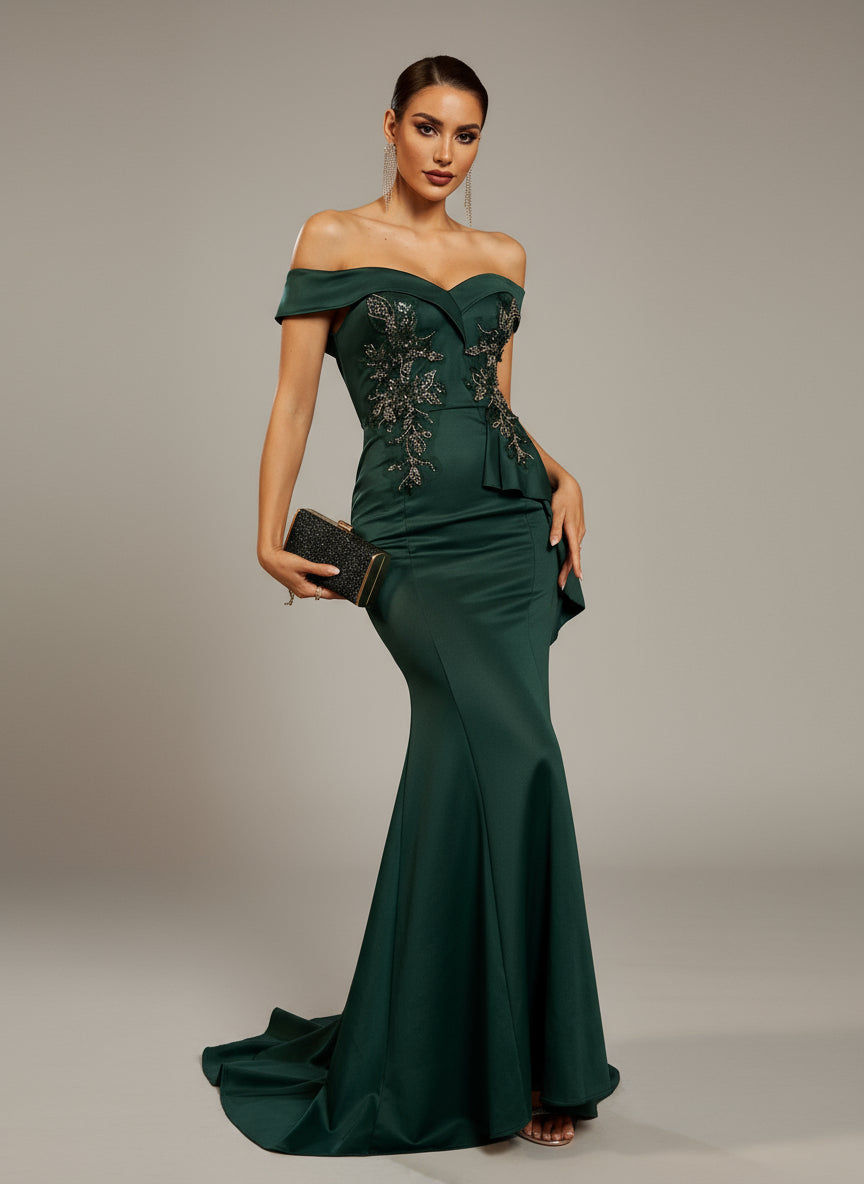 embroidered off the shoulder dress May Queen MQ2176 - Long A-line Dress