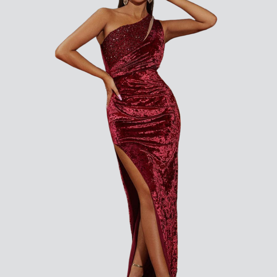 Burgunderrotes Abendkleid aus asymmetrischem Samt mit One-Shoulder-Ausschnitt und Ausschnitt XJ2175