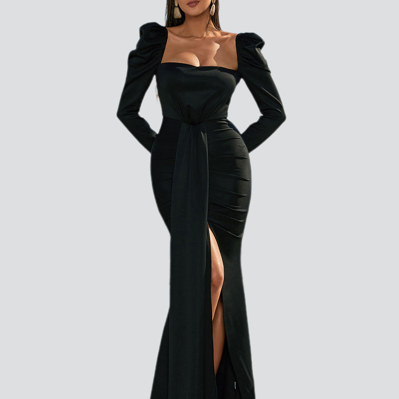 Puff Long Sleeve Split Black Mermaid Prom Dress XJ979