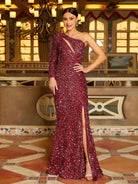 Formal One Shoulder Cutout Red Sequin Prom Dress RM21249