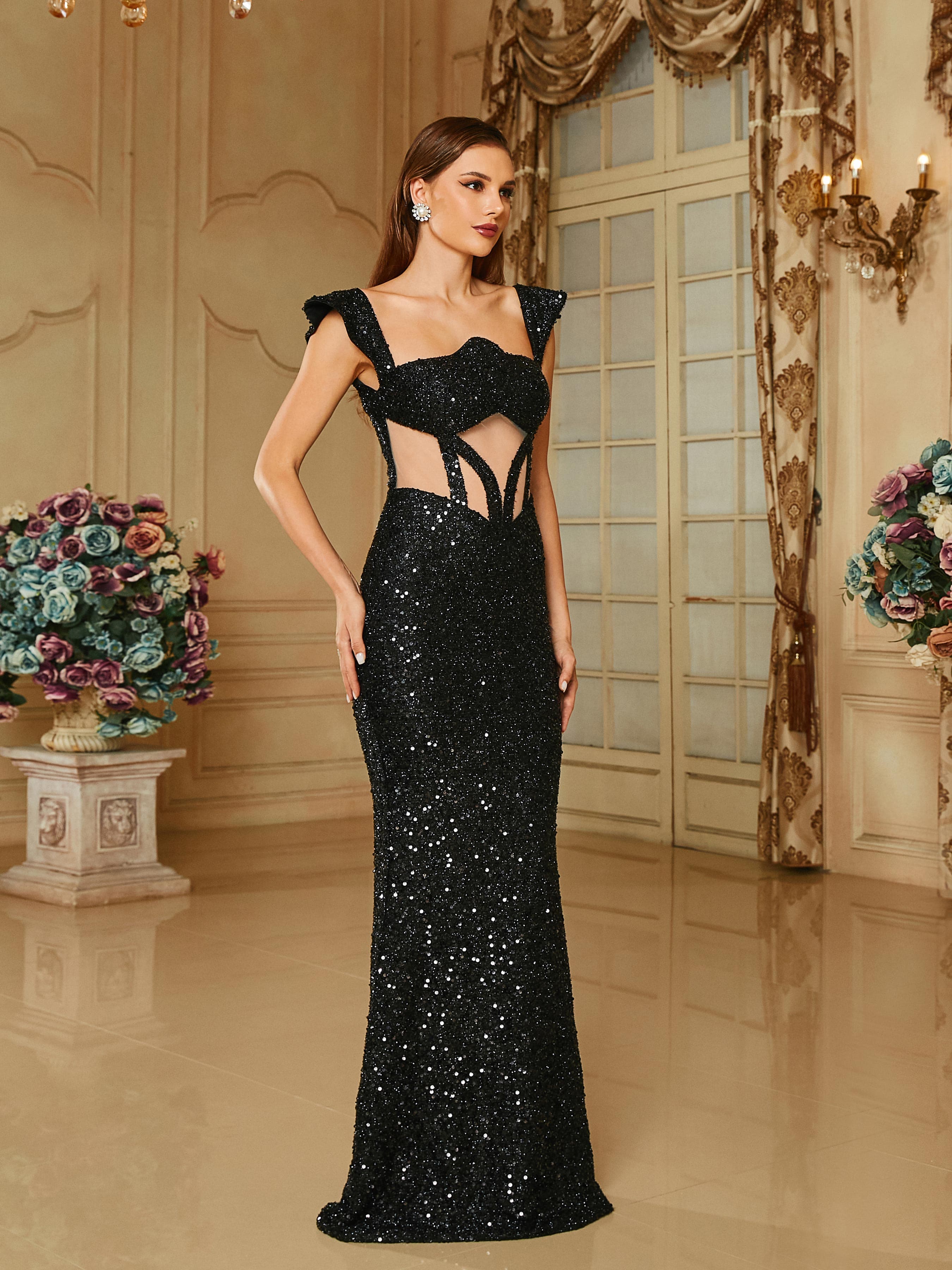 MISSORD Cutout Ruffle Sequin Mermaid Black Prom Dress