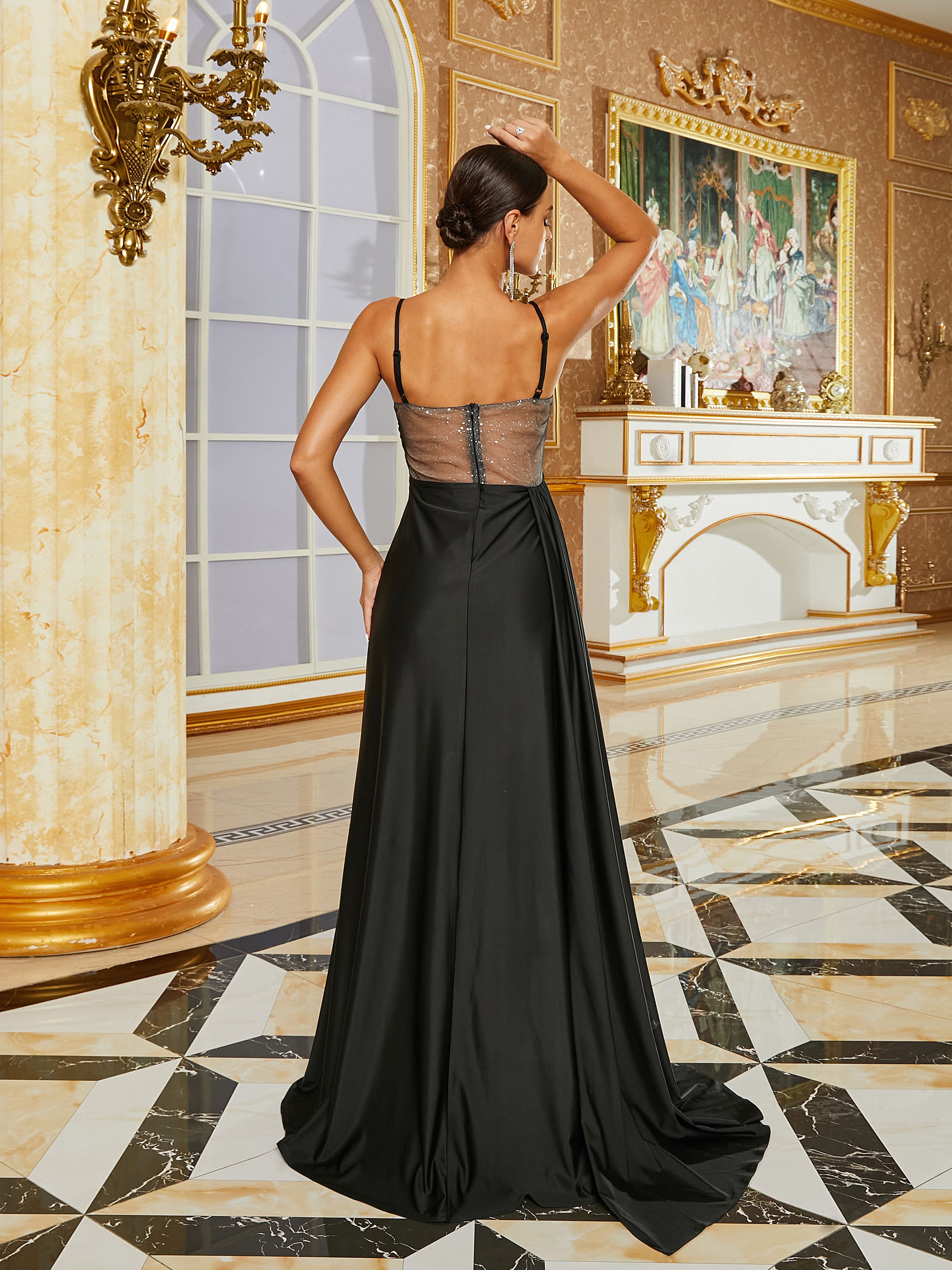 Open Back Wrap Maxi Black Prom Dress 