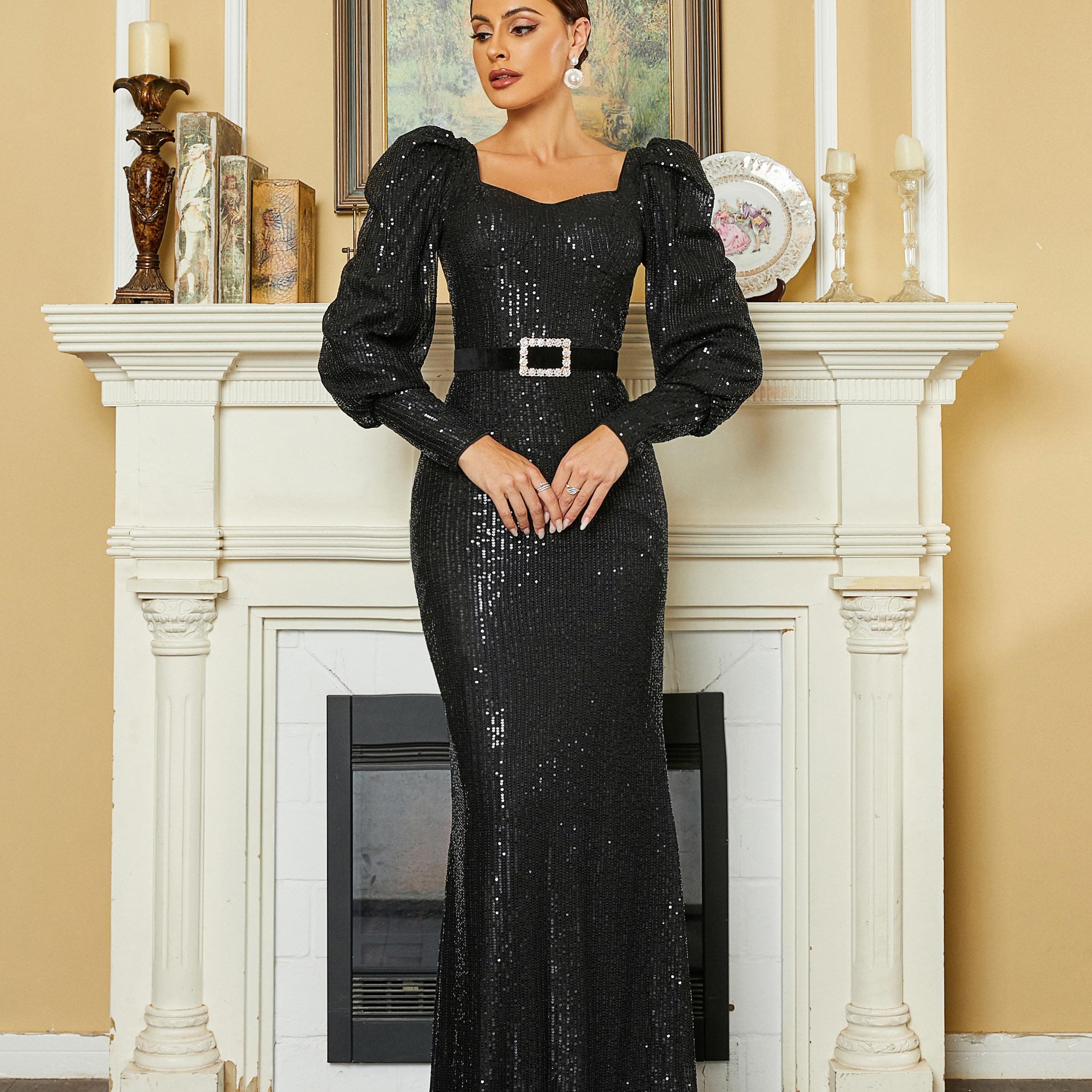 Sweetheart Neck Belt Sequin Black Evening Dress XHP2144