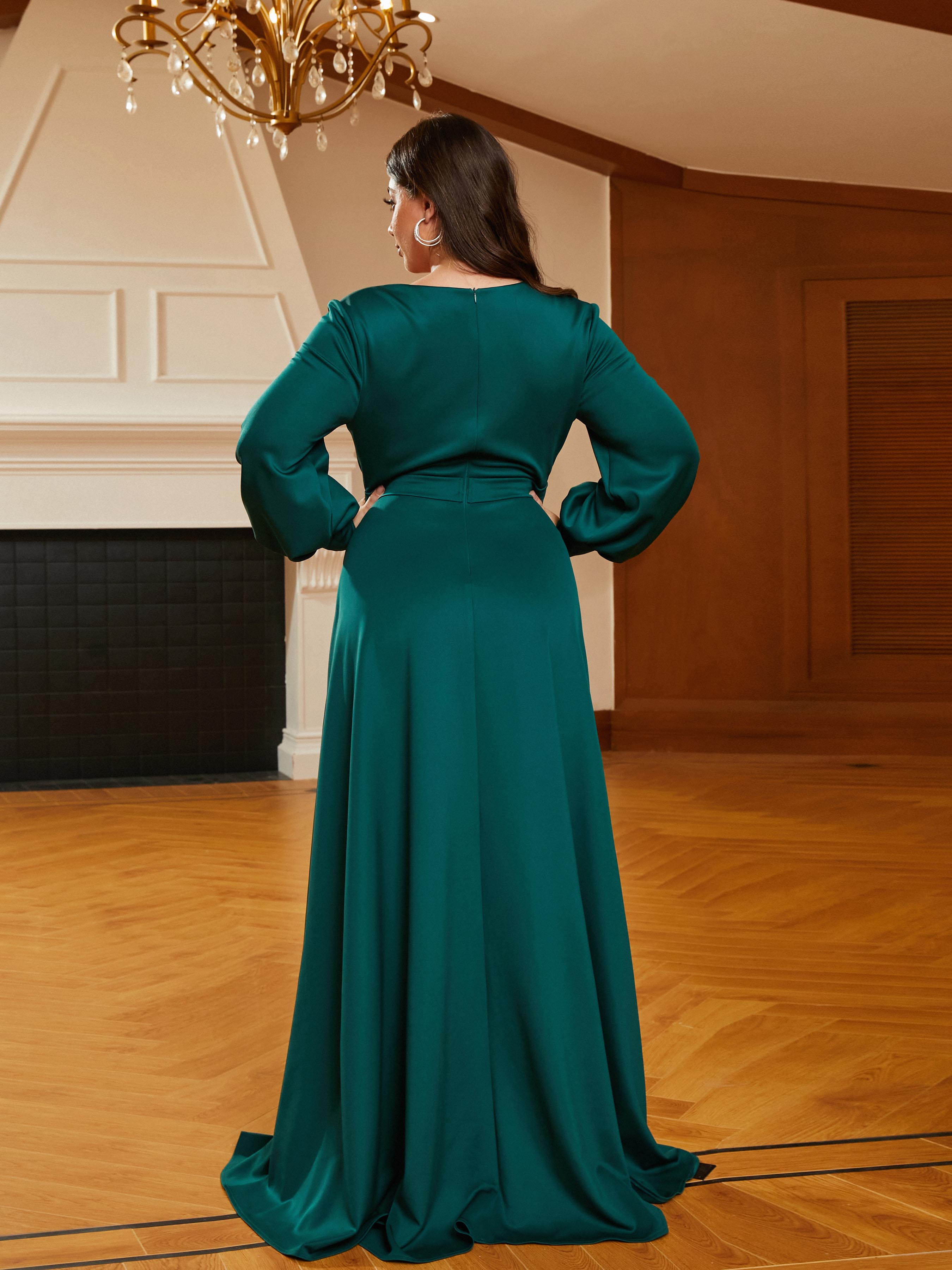 MISSORD Plus Size V-neck A-line Belt Green Wedding Guest Dress