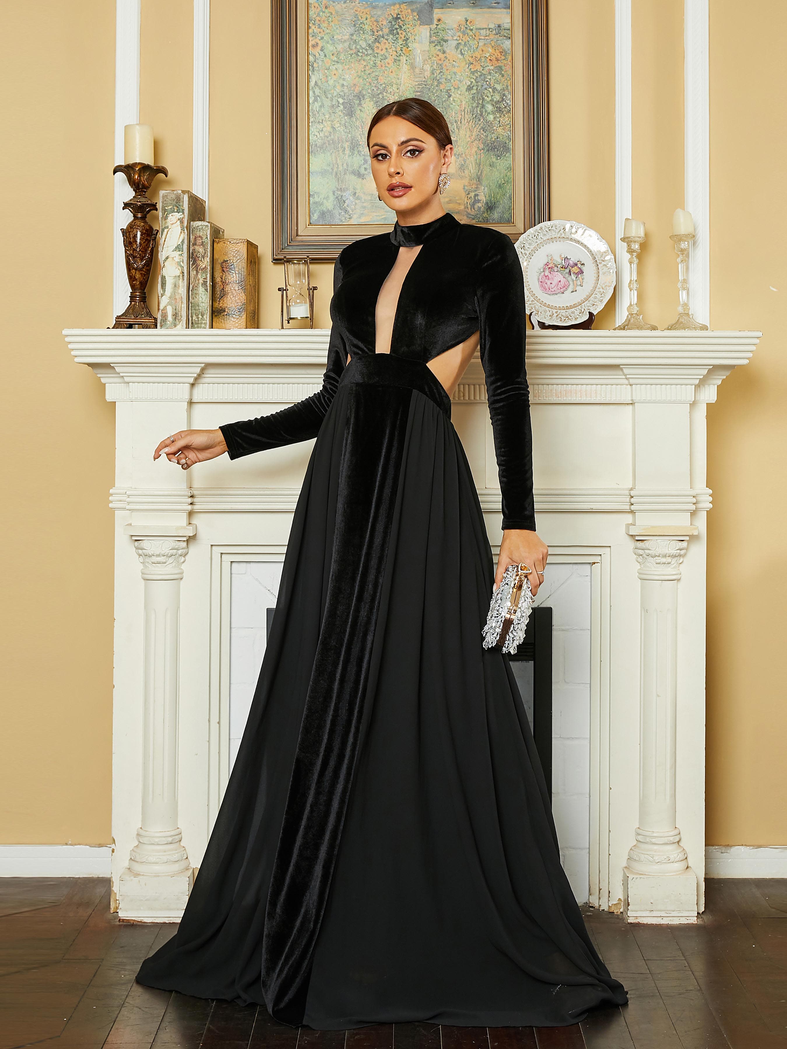 MISSORD Cutout Backless Paneled Velvet Black Evening Dress