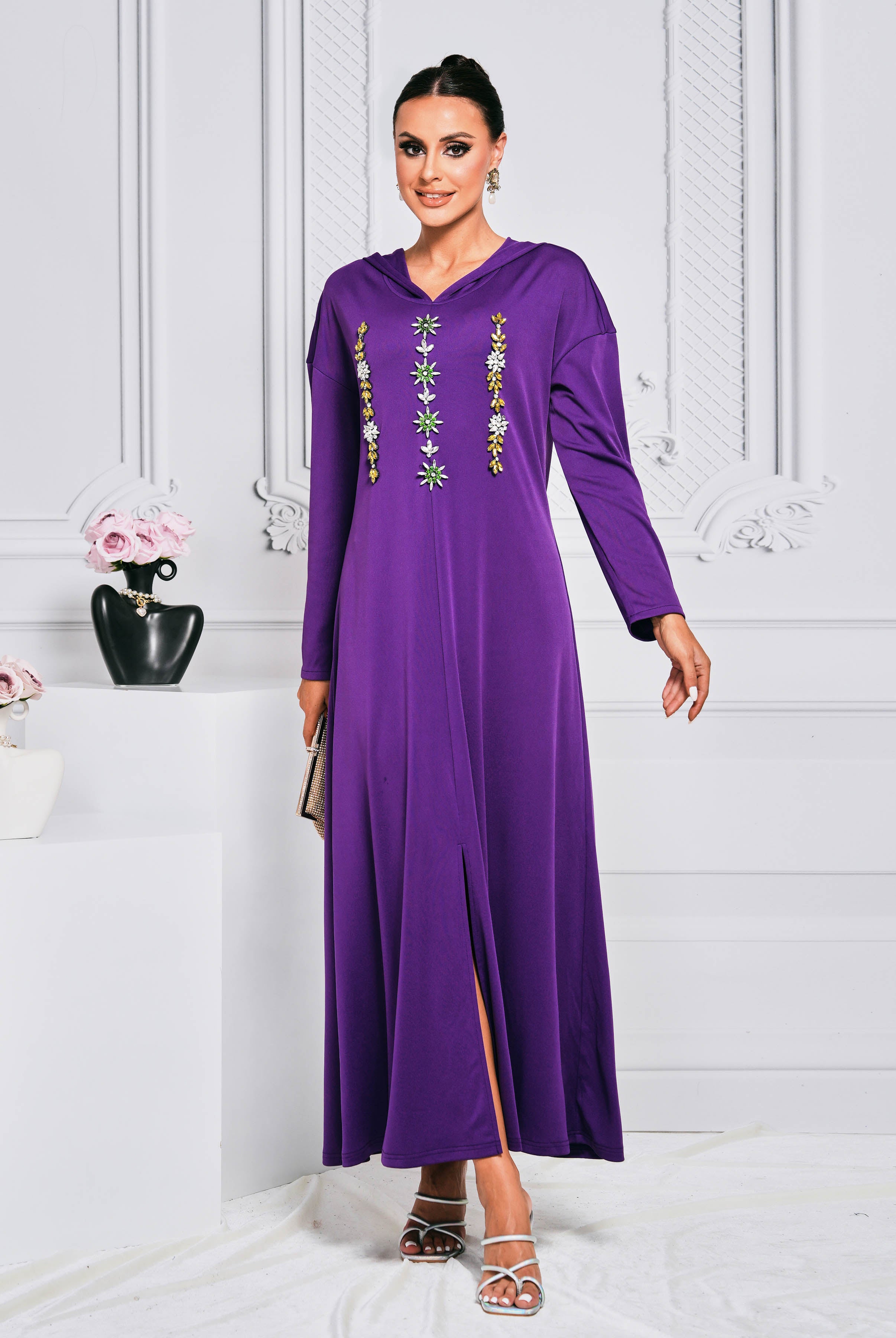 MISSORD Hooded Rhinestone Purple Maxi Dress