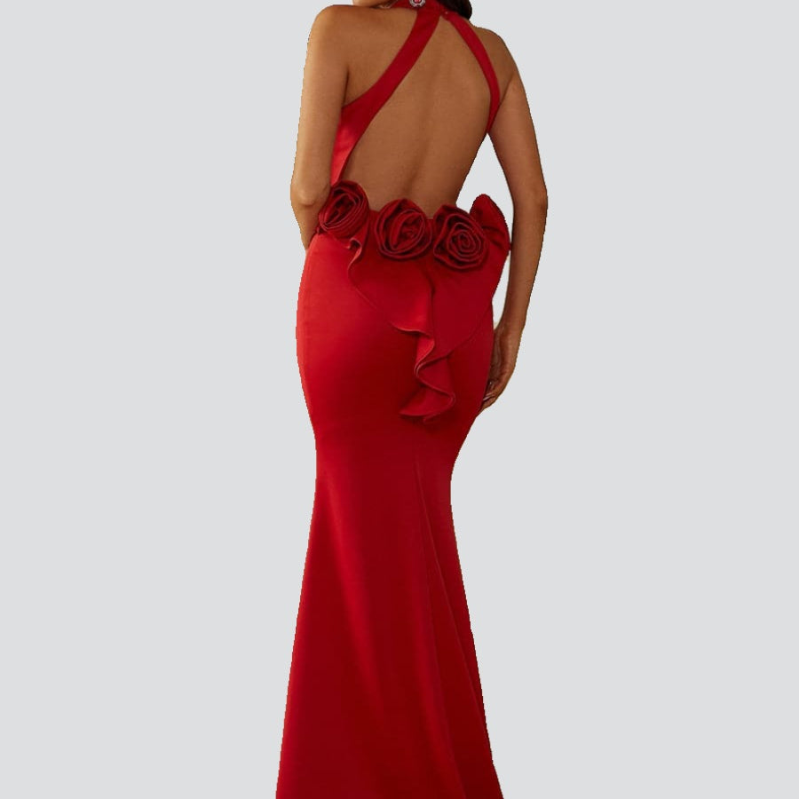 Rotes formelles Abendkleid mit Neckholder und offenem Rücken, Blume, XJ1440