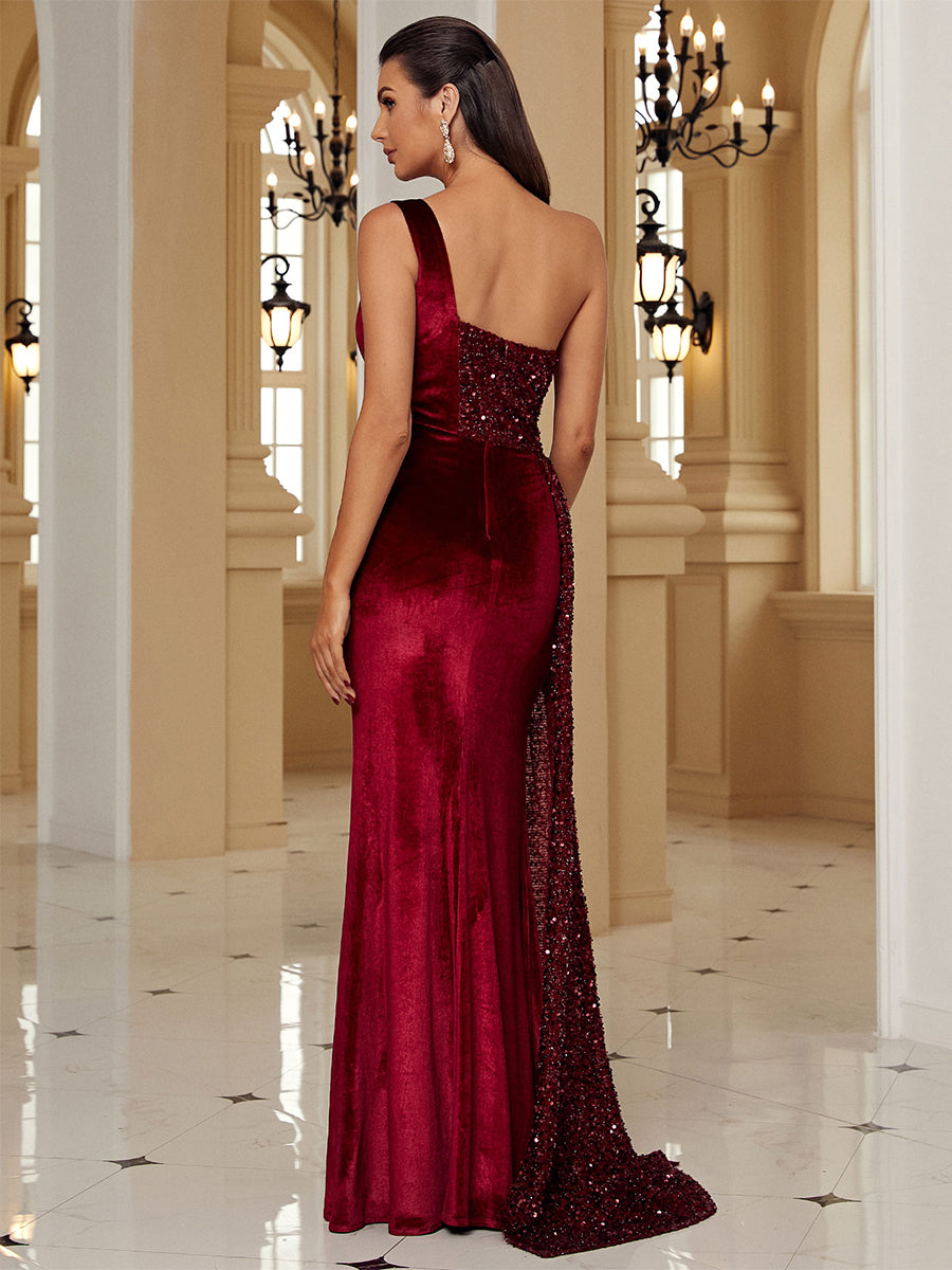 One Shoulder Sequin Panel Split Thigh Prom Dress XH2356