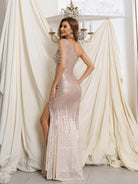 One Shoulder Beaded Sleeve Gradient Sequin Prom Dress M01599