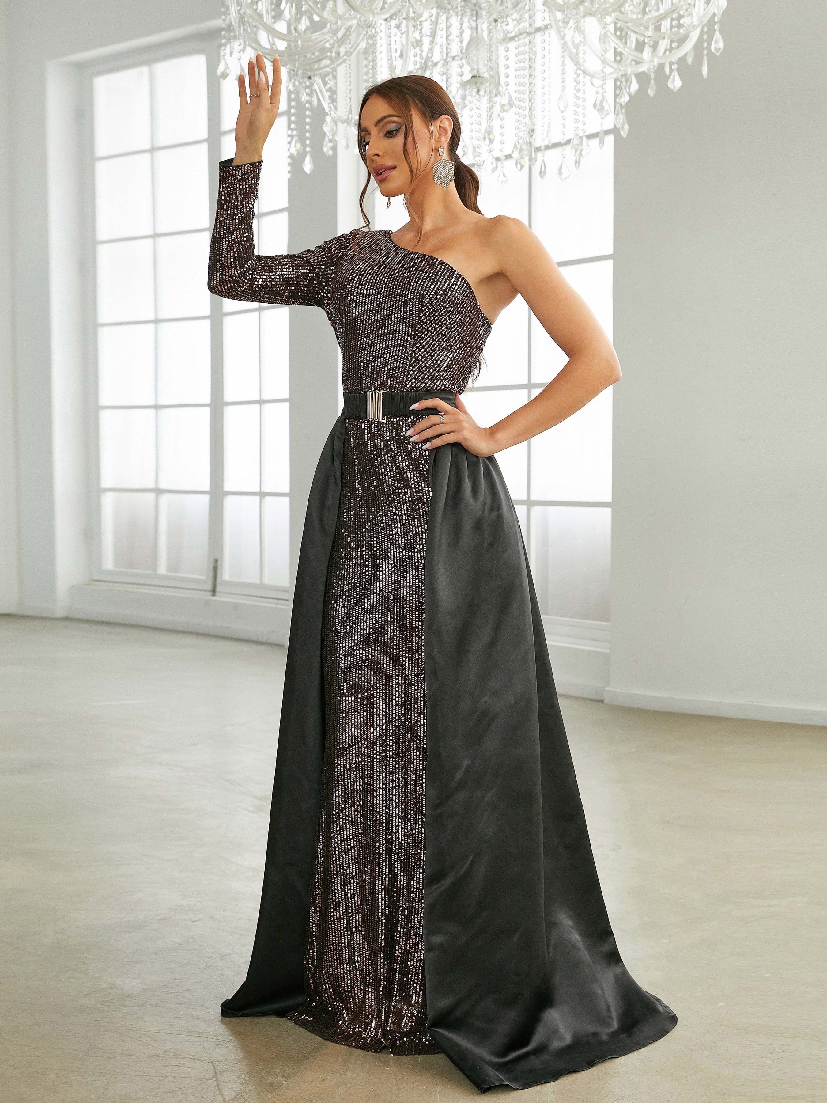 One Shoulder Cloak Maxi Sequin Prom Dress 