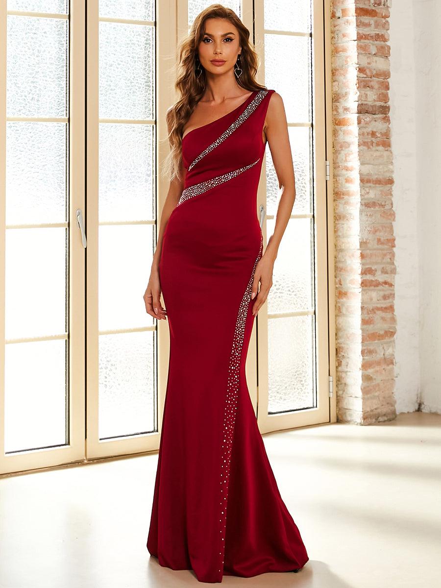 Elegant One-Shoulder Rhinestone Burgundy Evening Gown M01862 - MISS ORD