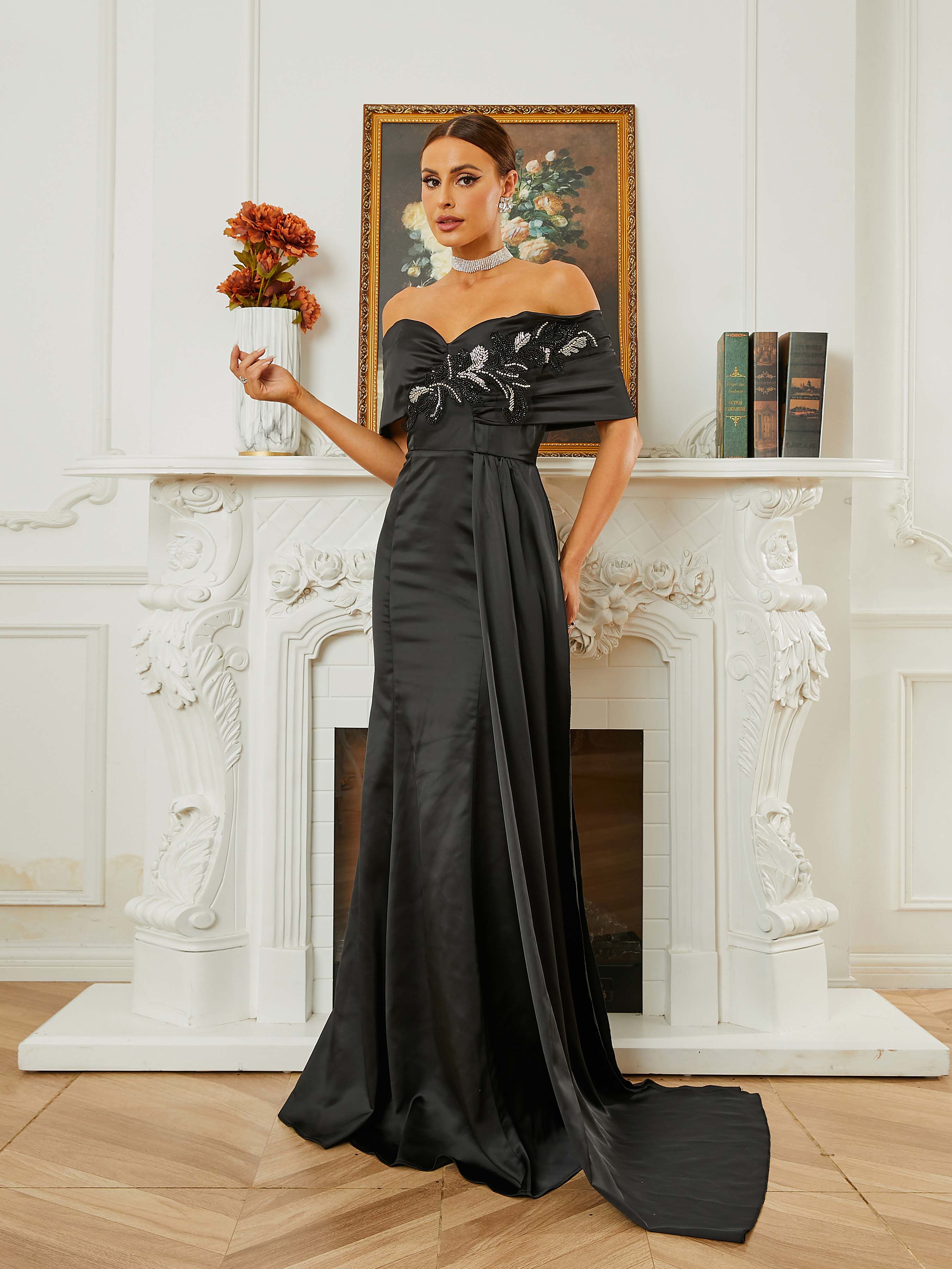 Strapless Off Shoulder Backless Mermaid Pleated Ribbon Evening Dress RM20468
