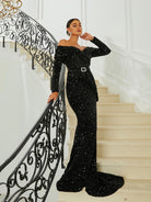 Sweetheart Neck High Waist Sequin Black Evening Dress WY79