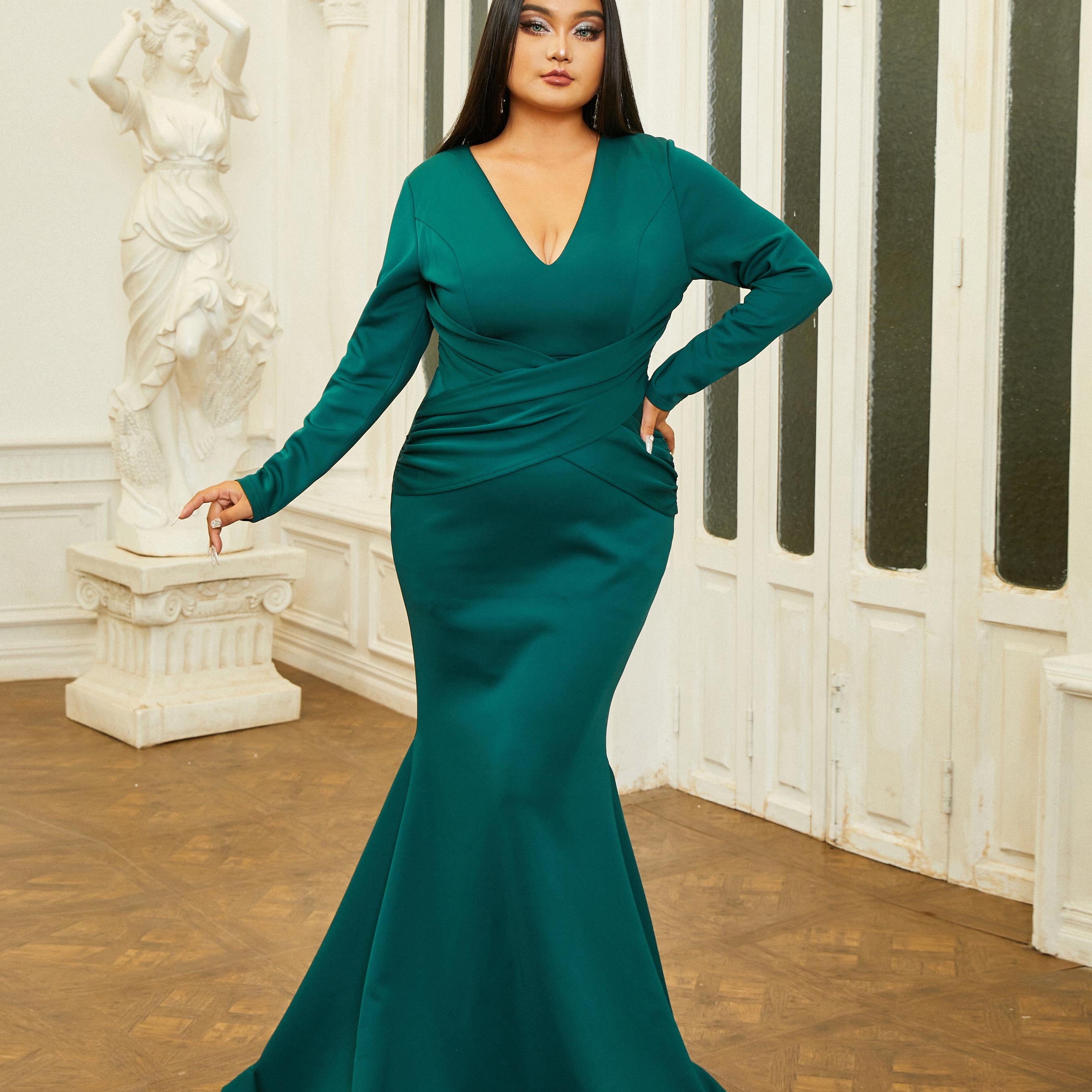 Plus Size V-Neck Knitted Green Mermaid Evening Dress PXJ377
