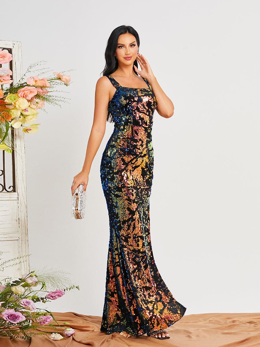 Sleeveless Sequin High Slit Black Prom Dress