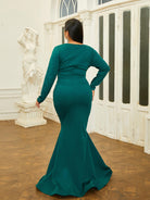 Plus Size V-Neck Knitted Green Mermaid Evening Dress PXJ377