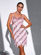 MISSORD Spaghetti Straps Lace Up Fringed Party Dress