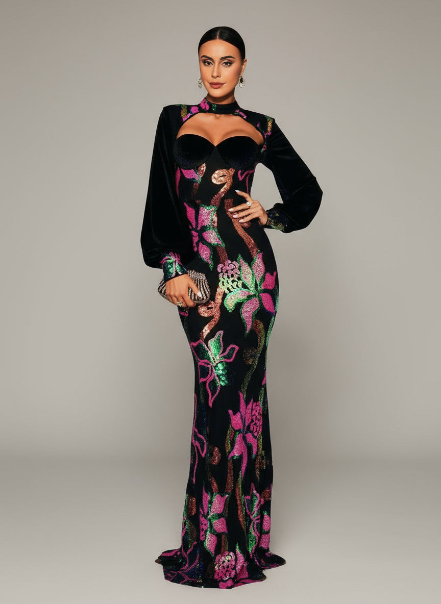 Cutout Lantern Sleeve Mermaid Dress RJ11296 - MISS ORD