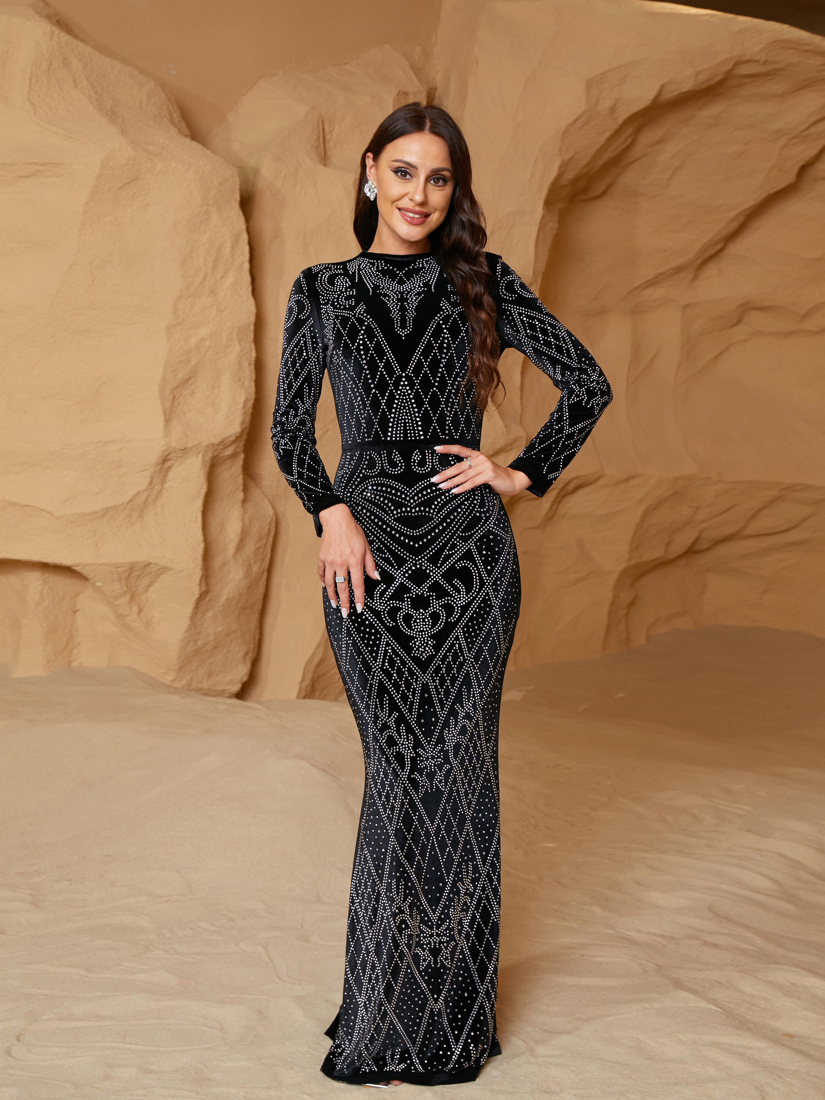 MISSORD Full Cover Velvet Panel Sequin Black Formal Dress