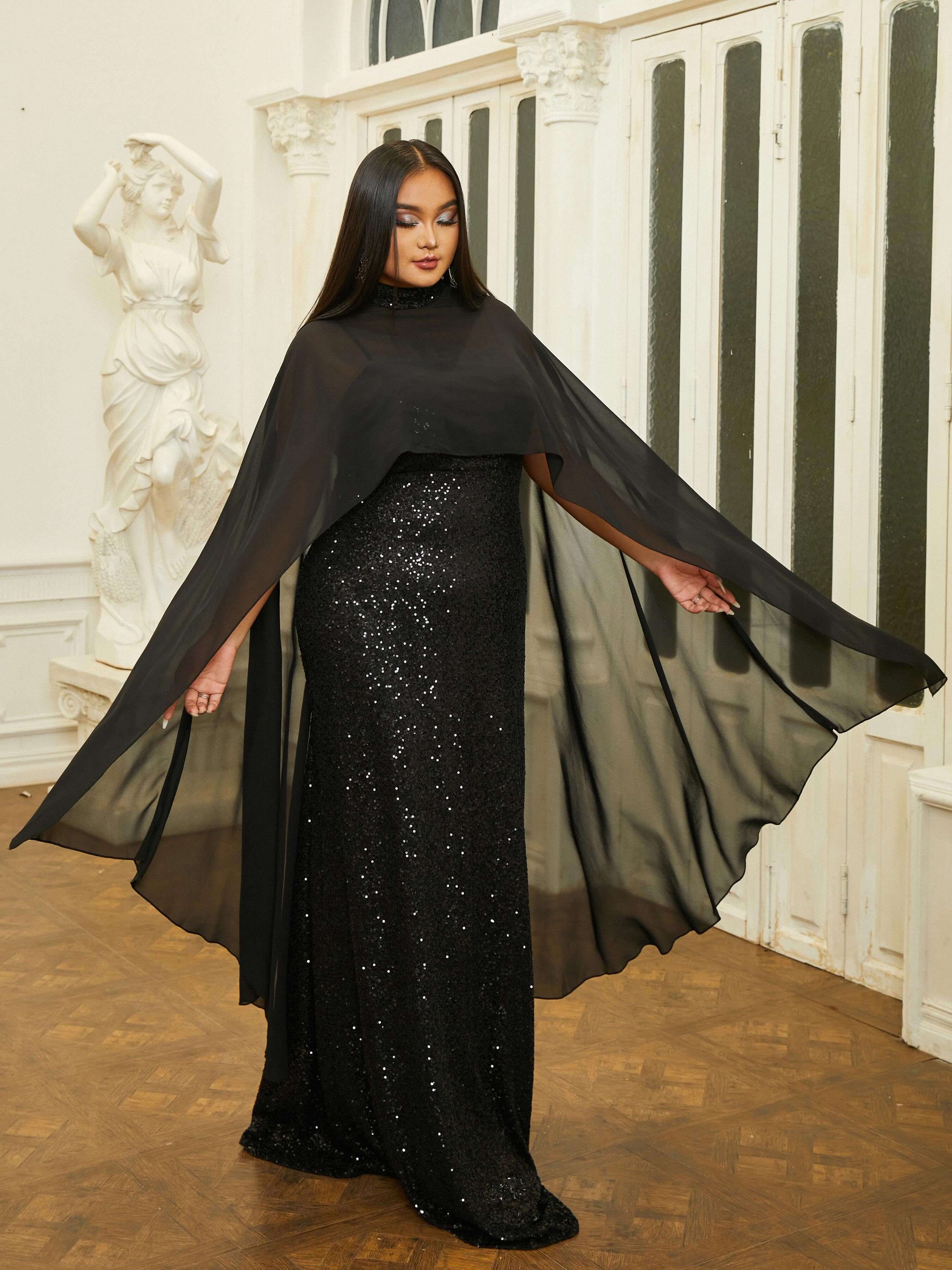 MISSORD Plus Size Cloak Mermaid Sequin Prom Dress