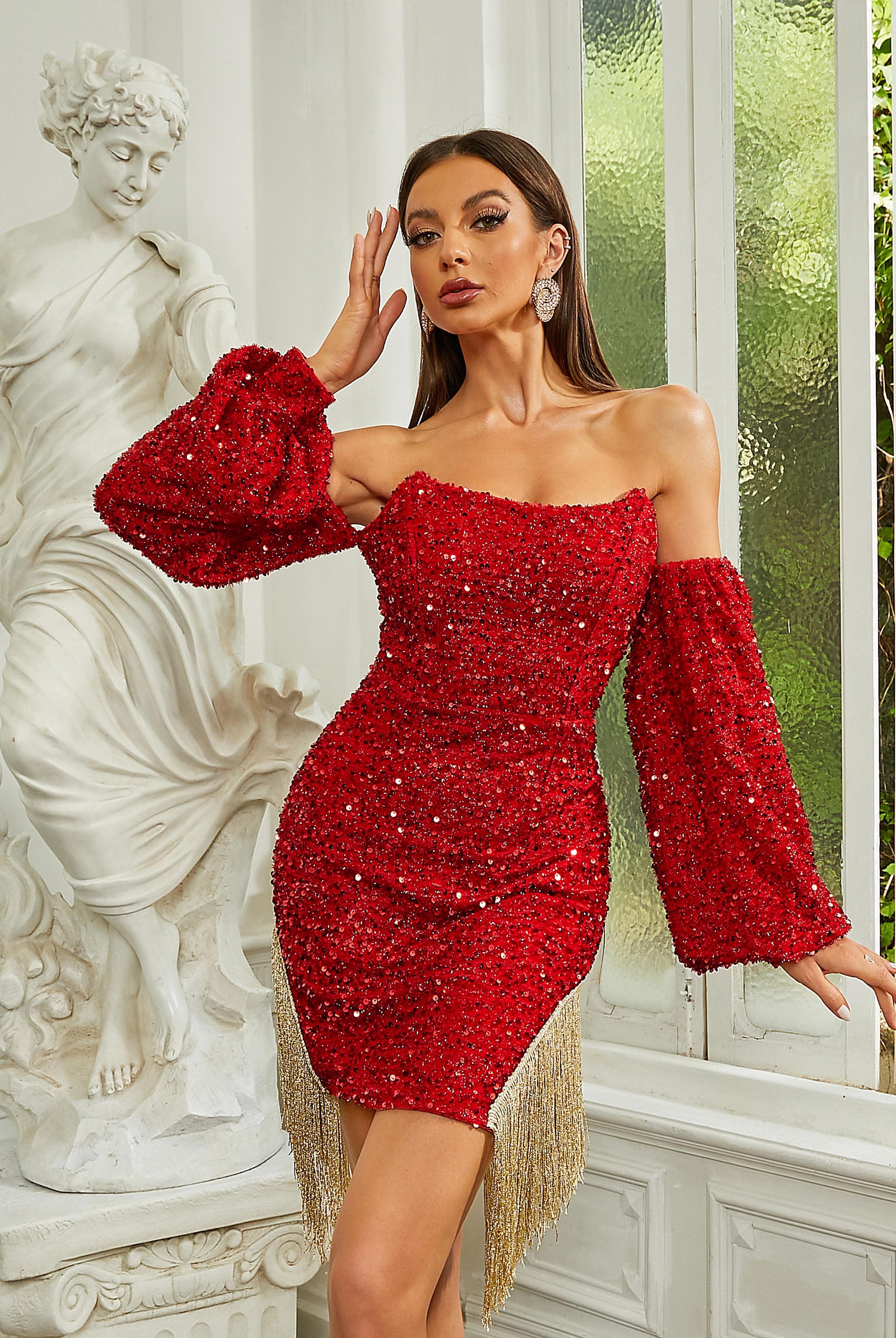 Off Shoulder Asymmetric Fringed Red Cocktail Dress RM20605
