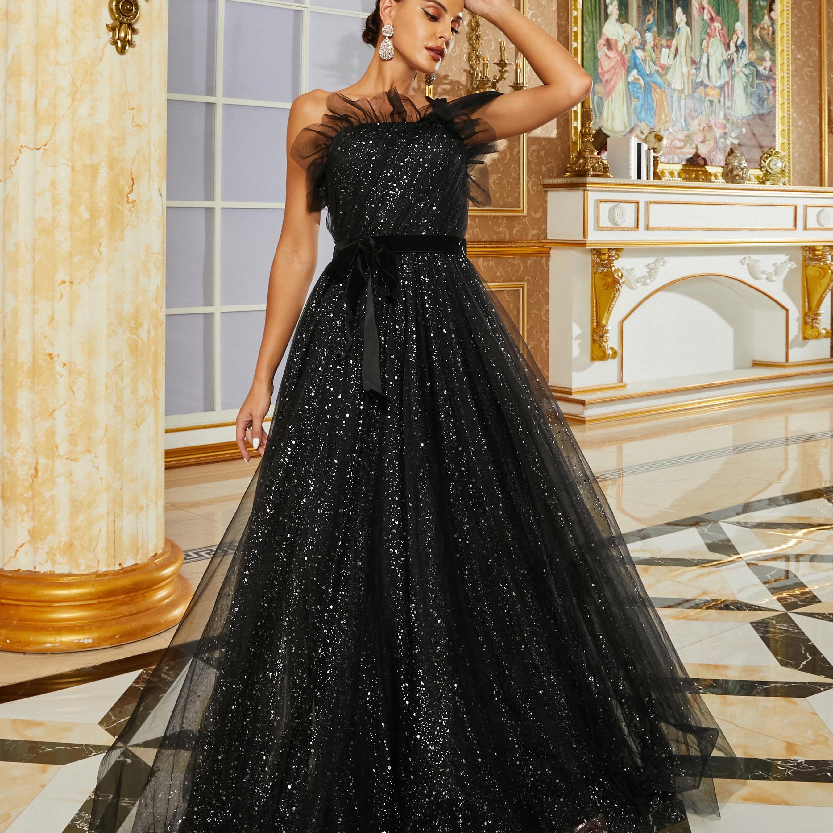 Off Shoulder Tulle Maxi Prom Dress RY40049