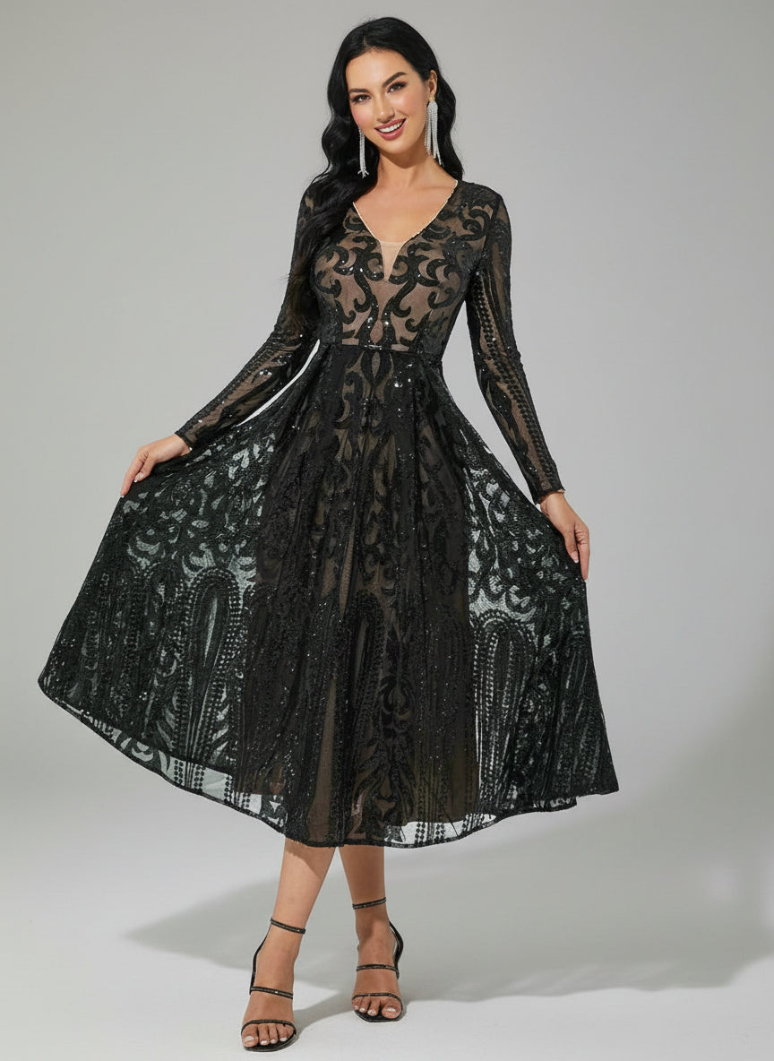 A-Line Tulle Black Midi Dress RJ10179 - Black / 3XL A-Line Tulle Black Midi Dress RJ10179 - Black / 3XL