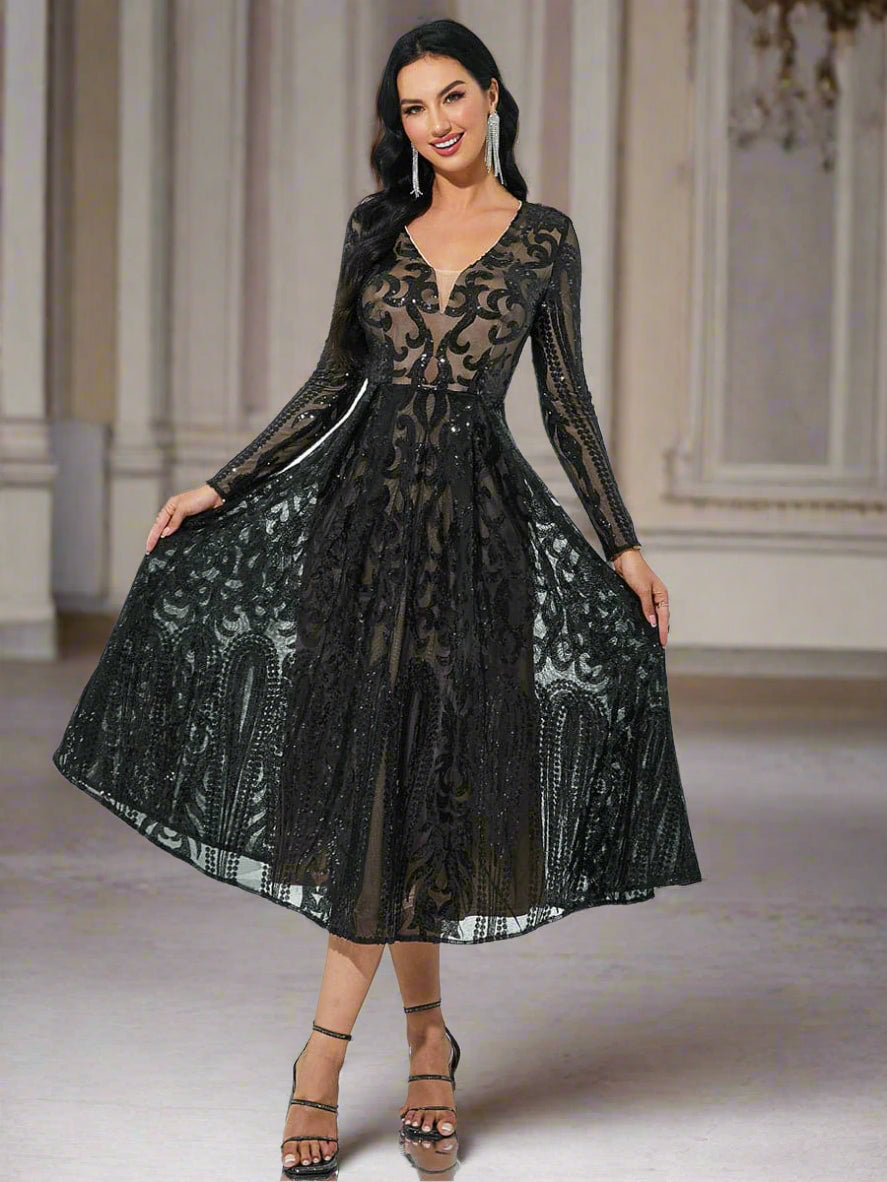 A-Line Tulle Black Midi Dress RJ10179