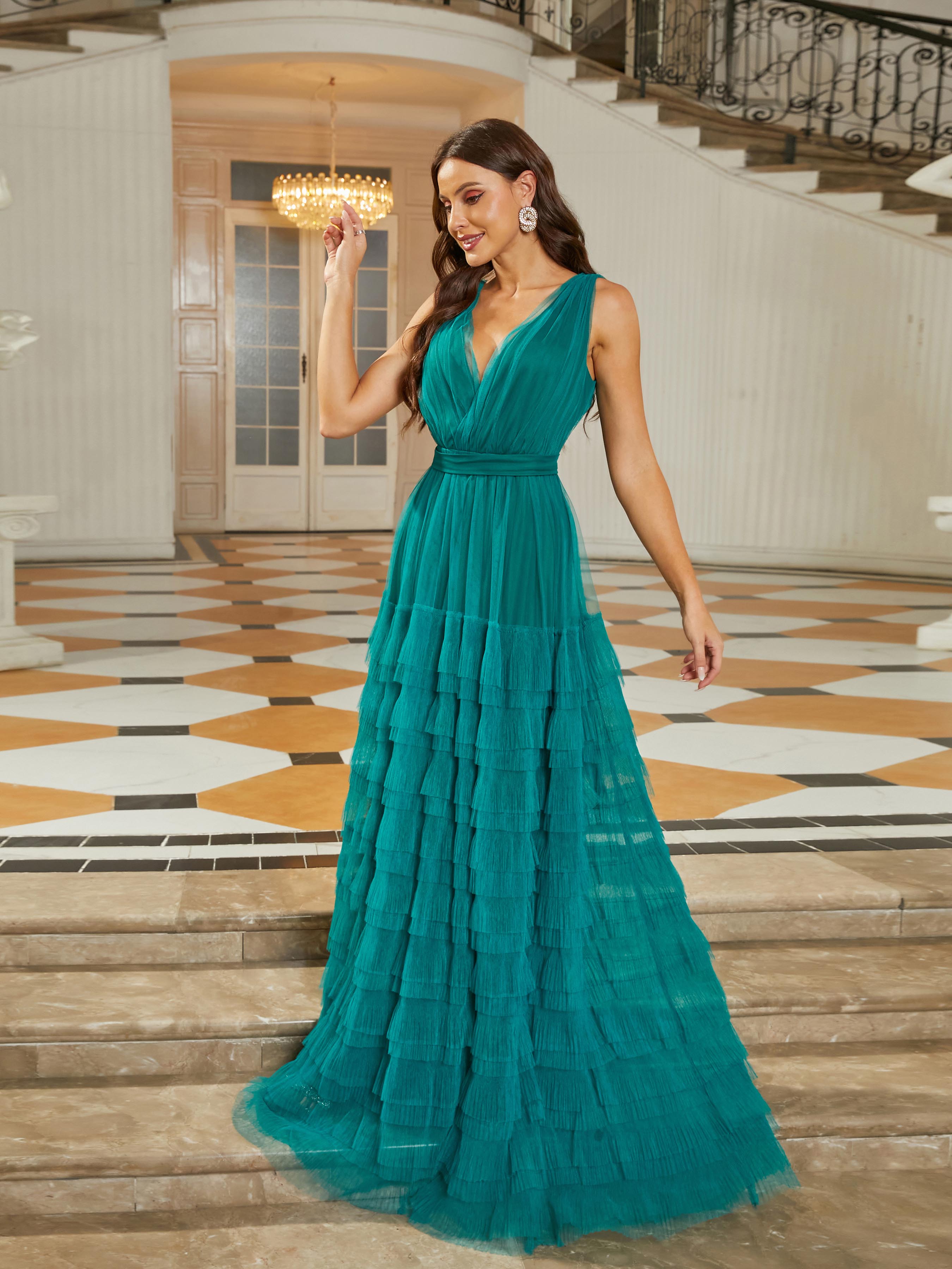 Formal V-Neck Tiered Mesh Green Ball Gown RJ11113