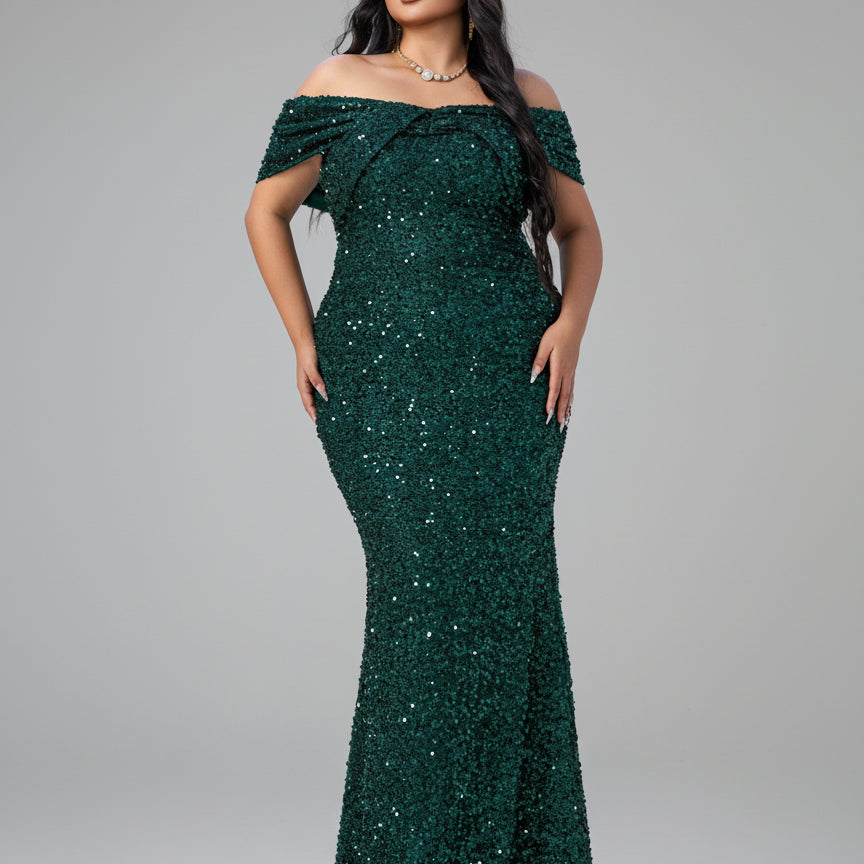 Plus Size Off Shoulder Sequin Mermaid Dress PWY108 - Dark Green / 1XL Plus Size Off Shoulder Sequin Mermaid Dress PWY108 - Dark Green / 1XL