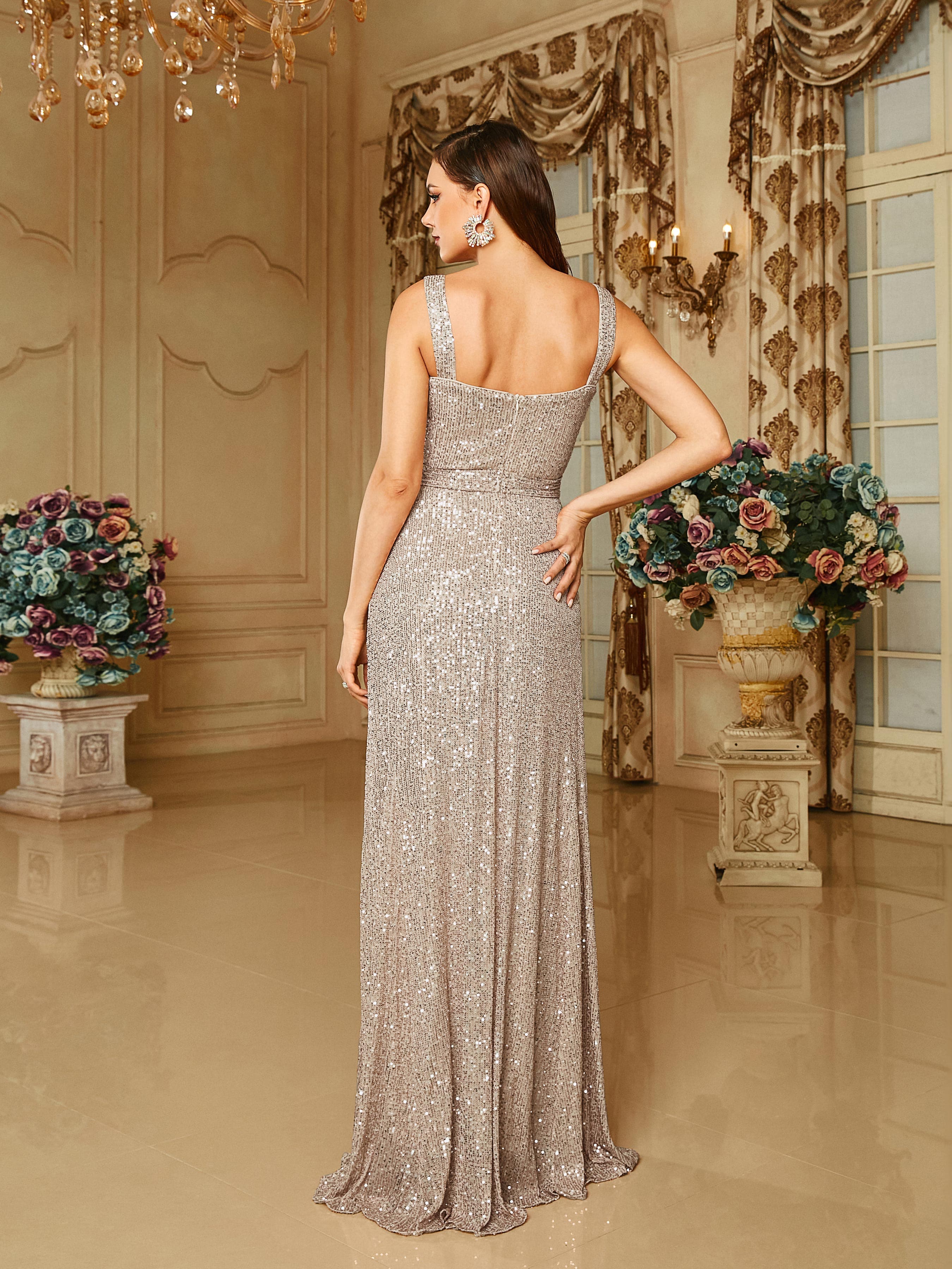 MISSORD Cold Shoulder Belt A-line Sequin Apricot Prom Dress