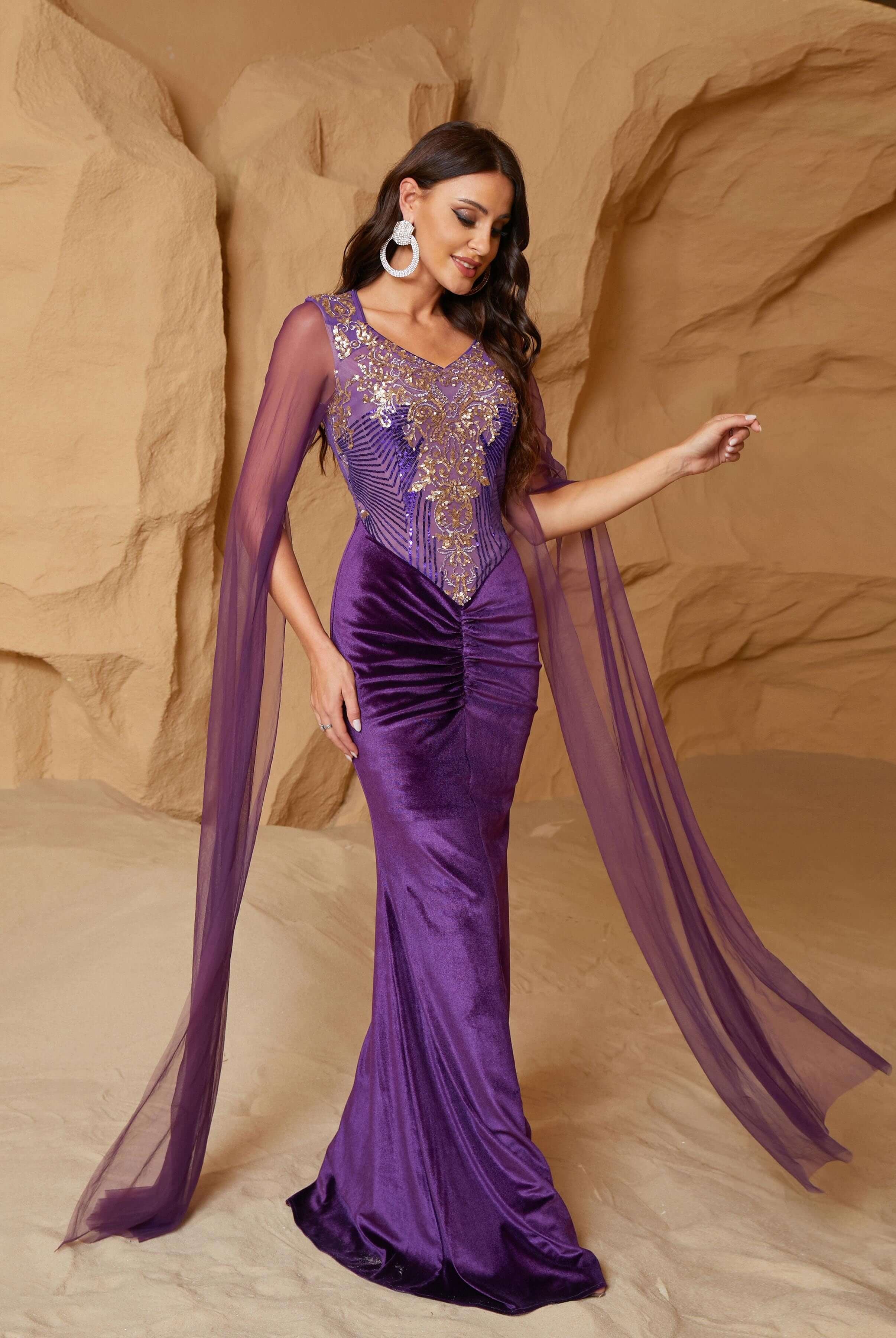 V-neck Panel Sequin Velvet Purple Prom Dress RJ10926