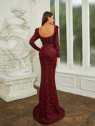 Cutout Square Neck Red Sequin Prom Dress RJ10474