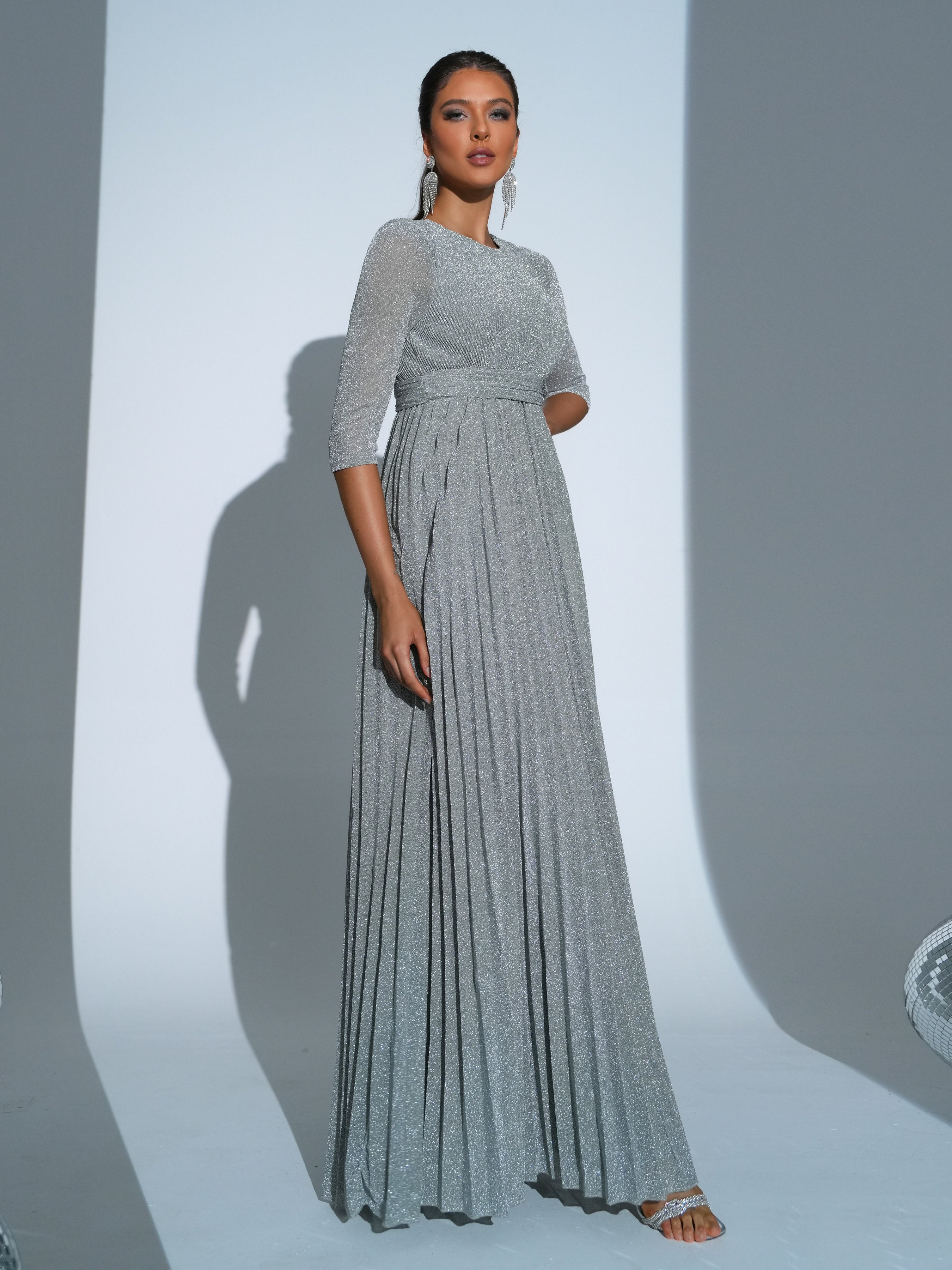 MISSORD Round Neck Pleated Airy A-line Grey Maxi Dress