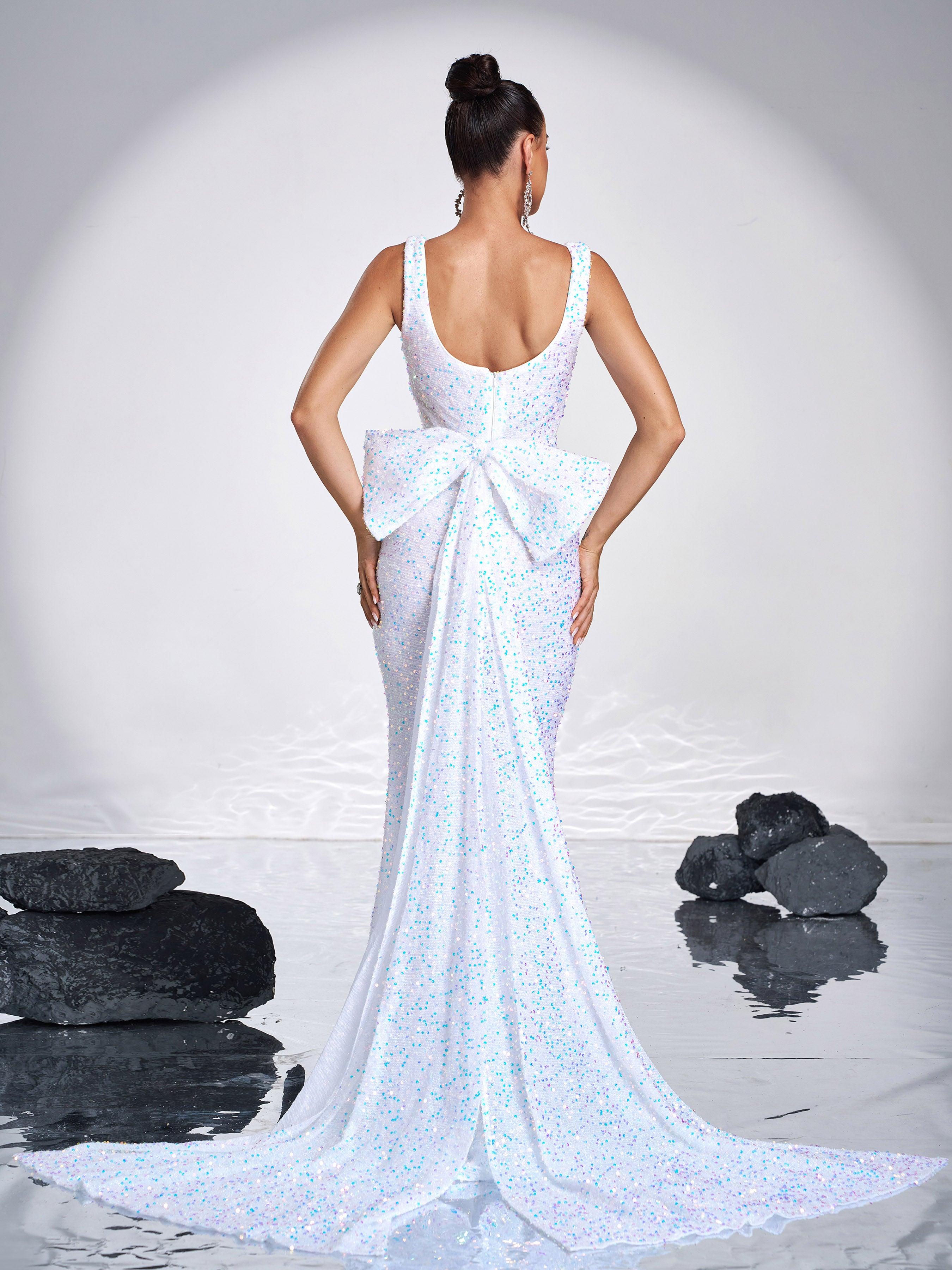 Bow Knot Sleeveless White Sequin Dress RM21232 - MISS ORD