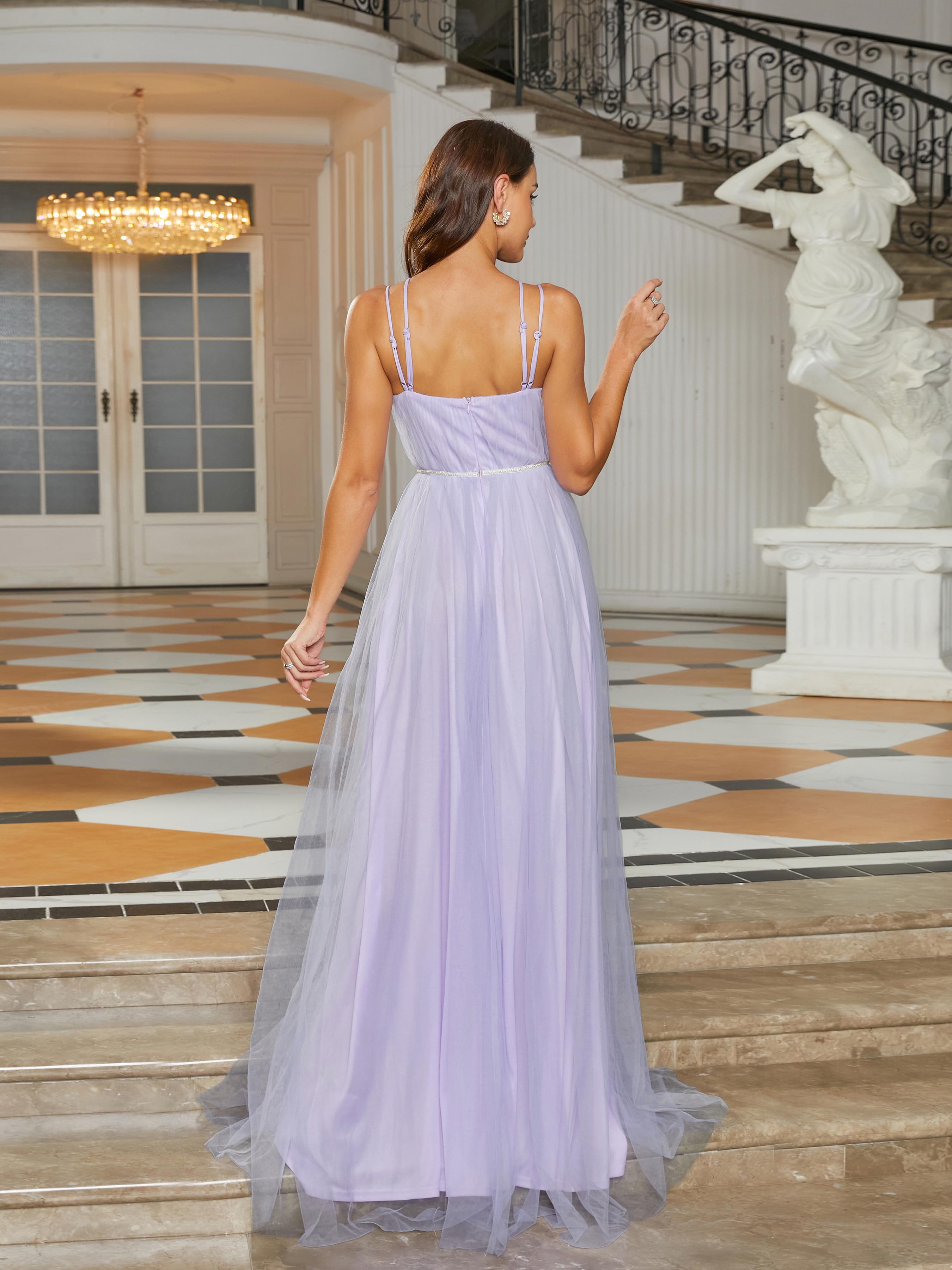 Spaghetti Straps Cut out Purple Tulle Wedding Guest Dress RJ11112 - MISS ORD