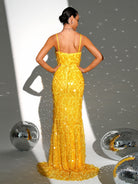 Spaghetti Straps High Split Yellow Sequin Soft Gown RM21614