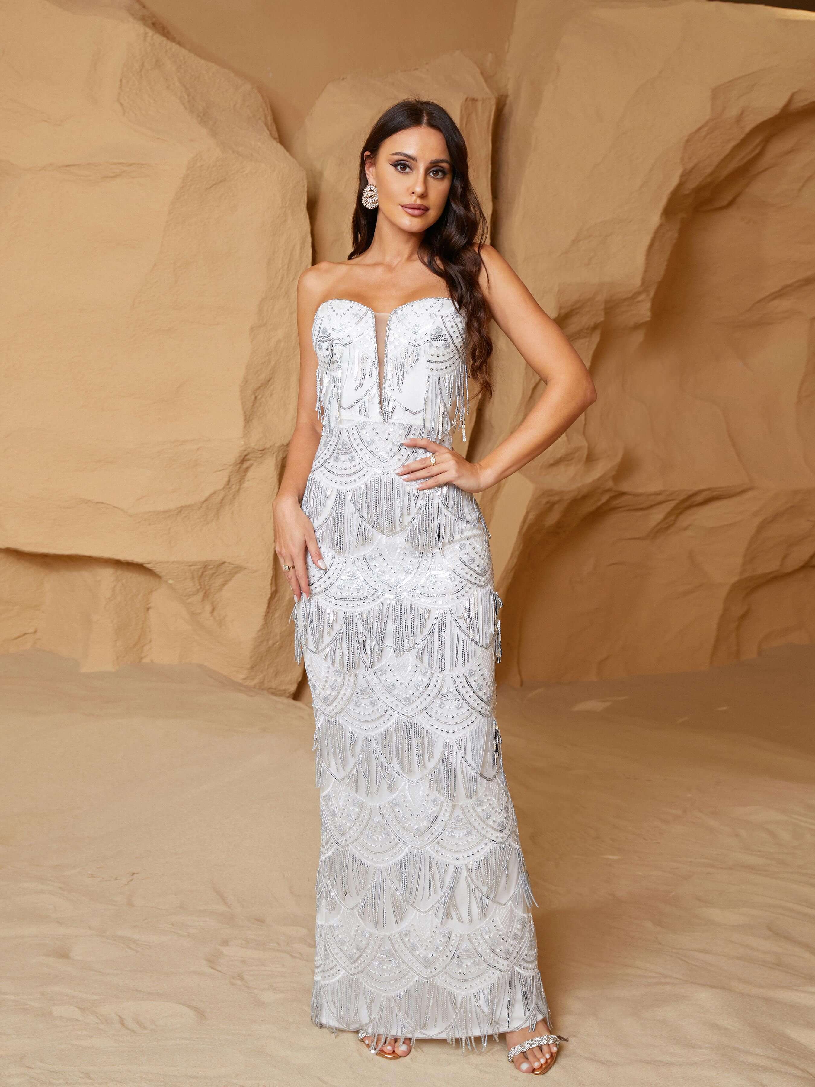 MISSORD Tube Top Fnringed Sequin Splite Prom Dress 
