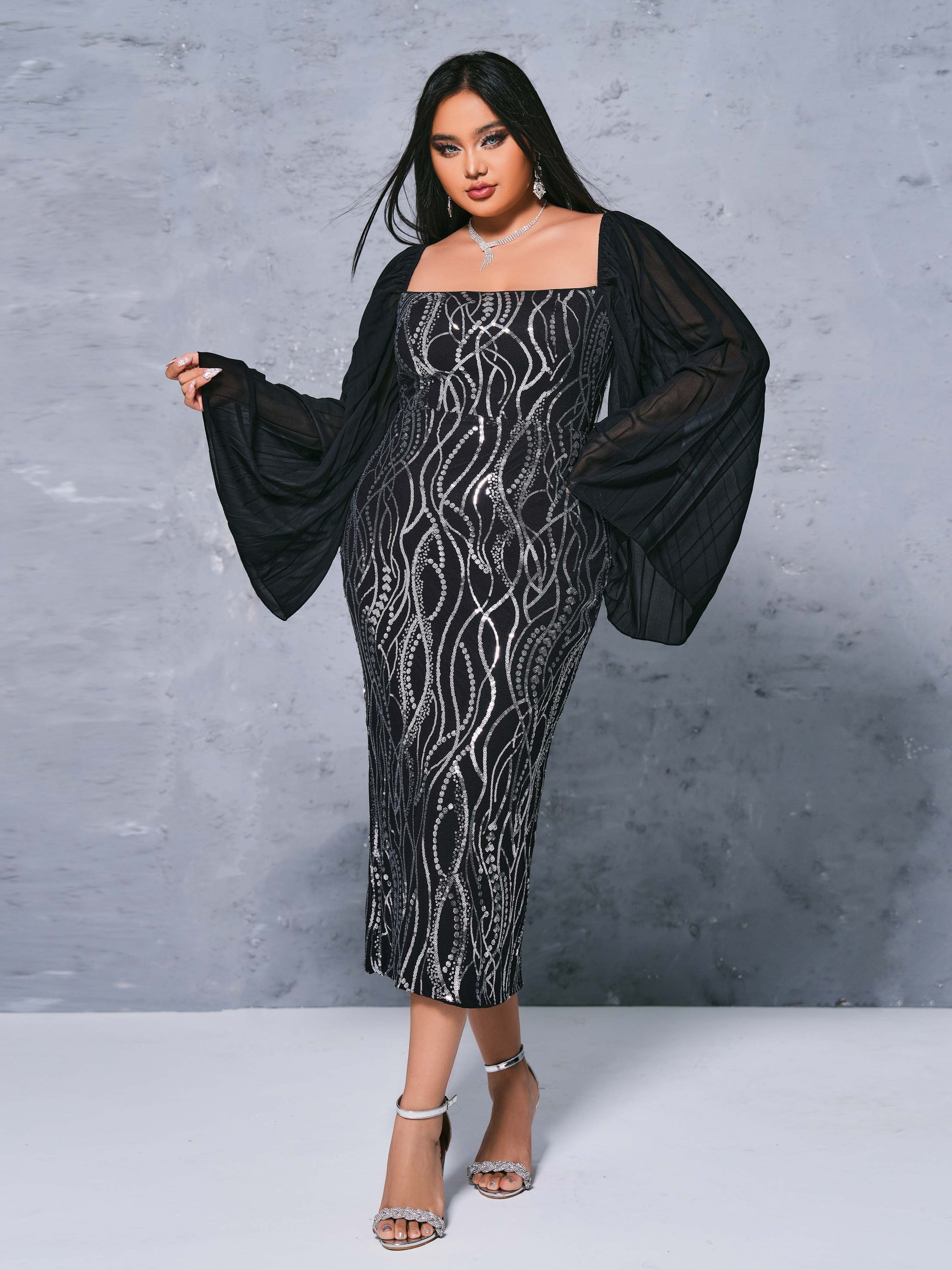 Plus Panel Sleeve Sequin Midi Dress PRH308028