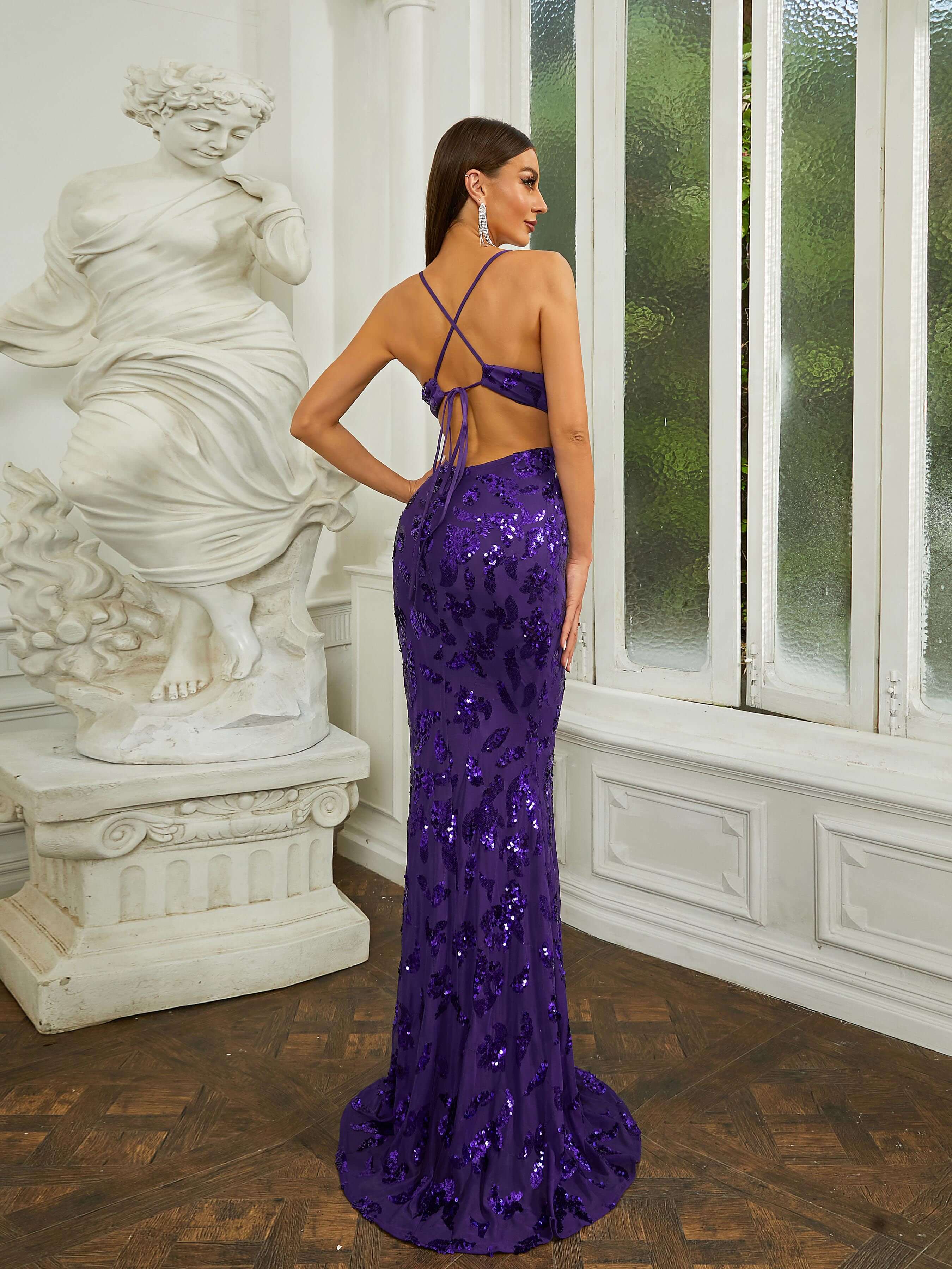 Formal V-Neck Lace-Up Purple Sequin Mermaid Dress RH30651