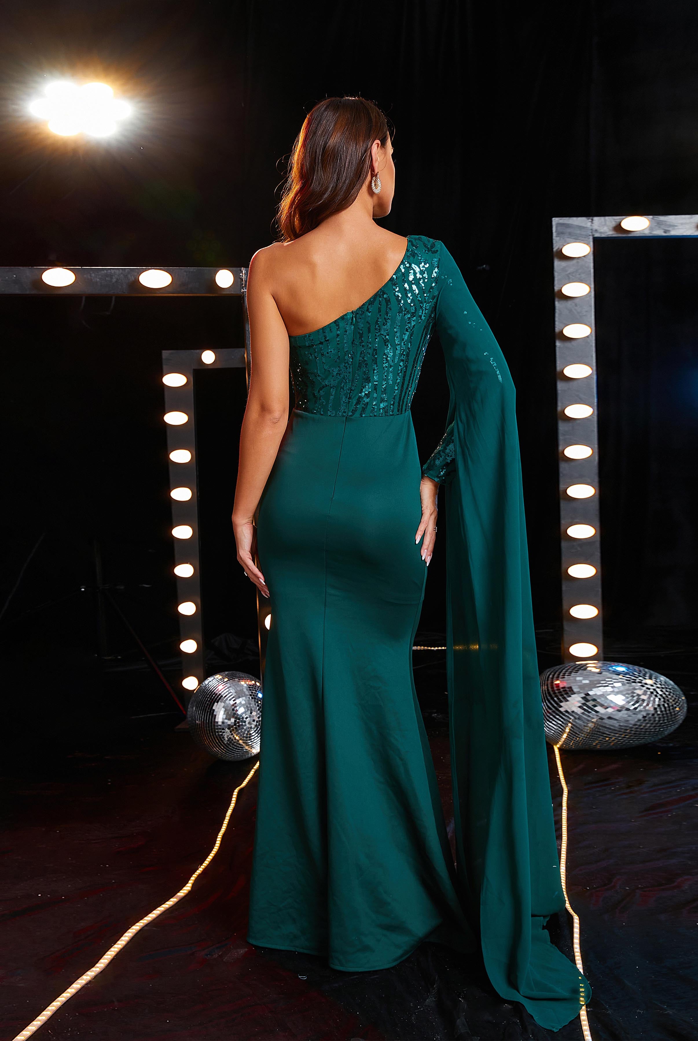 MISSORD One Shoulder Panel High Split Green Sequin Prom Dress