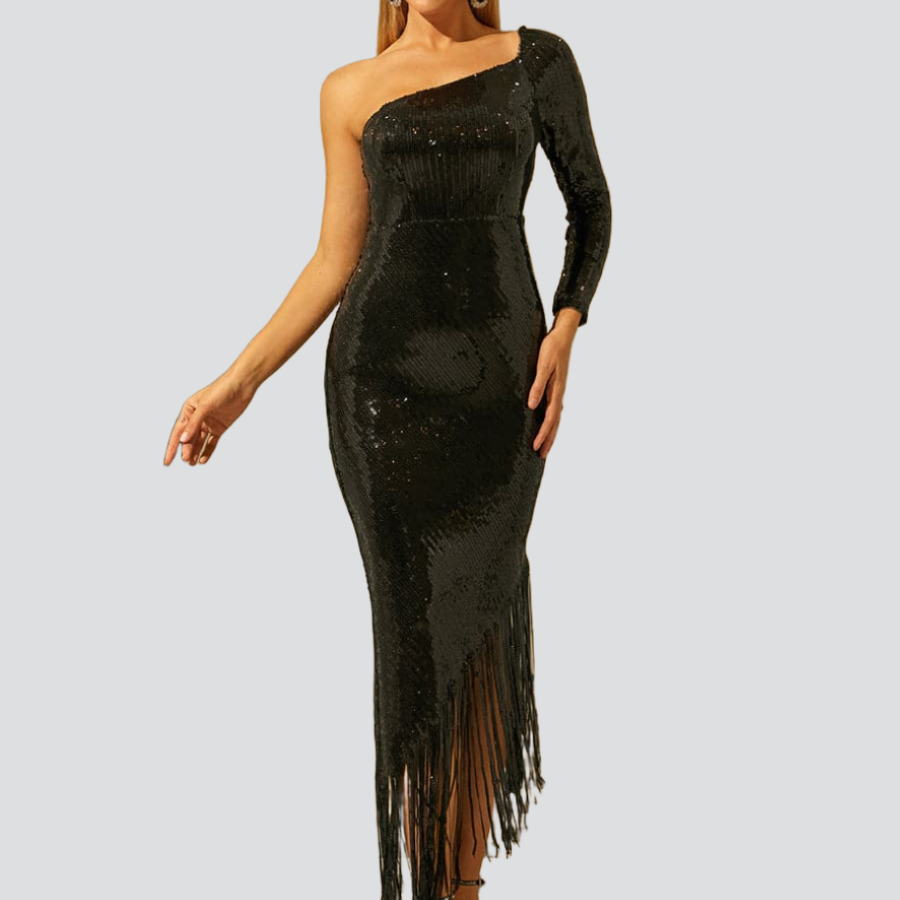 Asymmetric Sequins Fringed Black Prom Dress