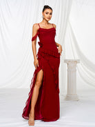 Cold Shoulder Appliqued Ruffled Split Dress RJ11486