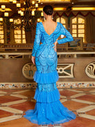 MISSORD V-neck Ruffle Panel High Splite Sequin Sequin Prom Dress