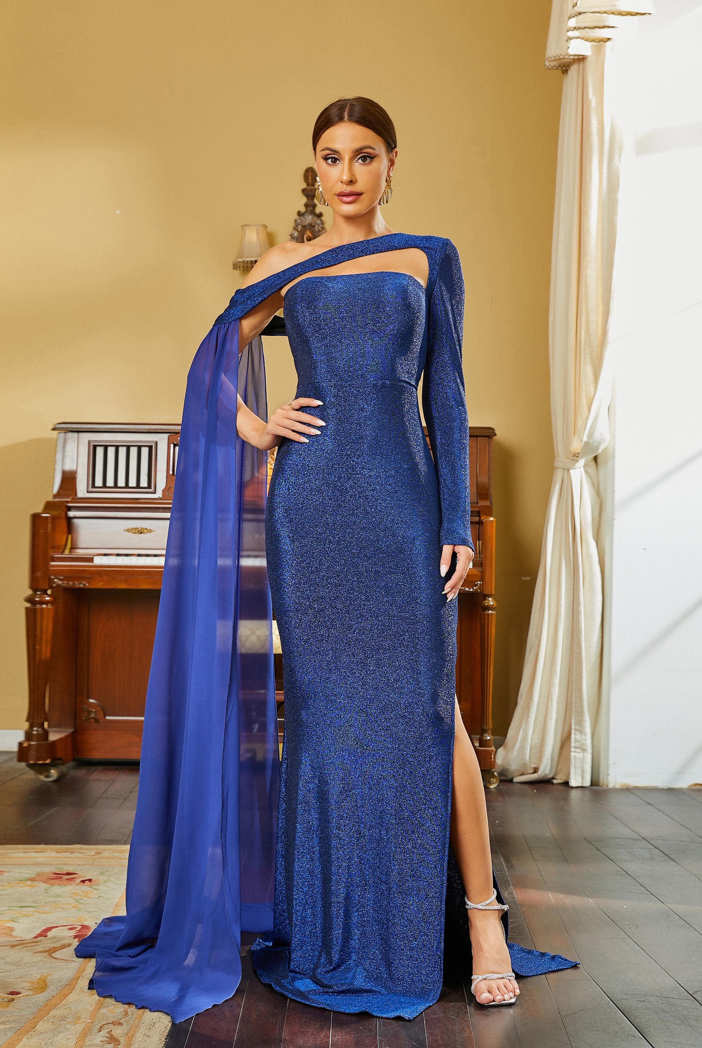 One Shoulder Long Sleeve Draped Blue Prom Dress RH30556