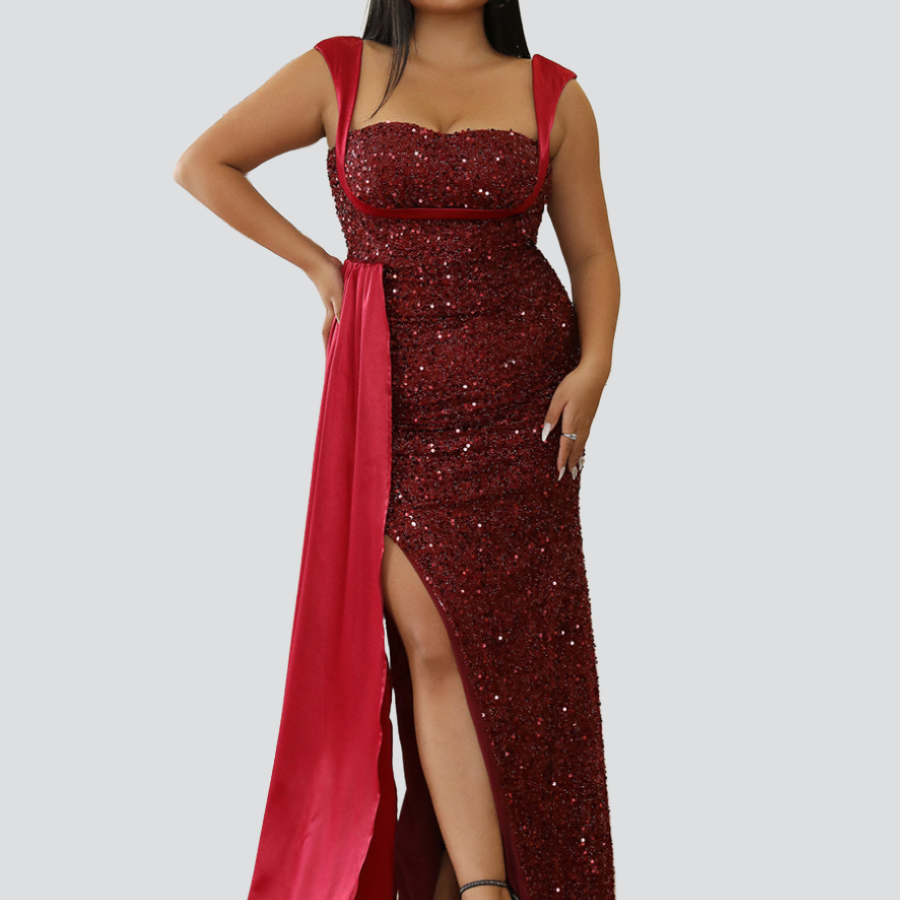 Plus Size Sleeveless Draped Sequin Prom Dress PXH2162