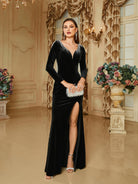V-neck Velvet Split Black Long Sleeve Evening Dress RH30698