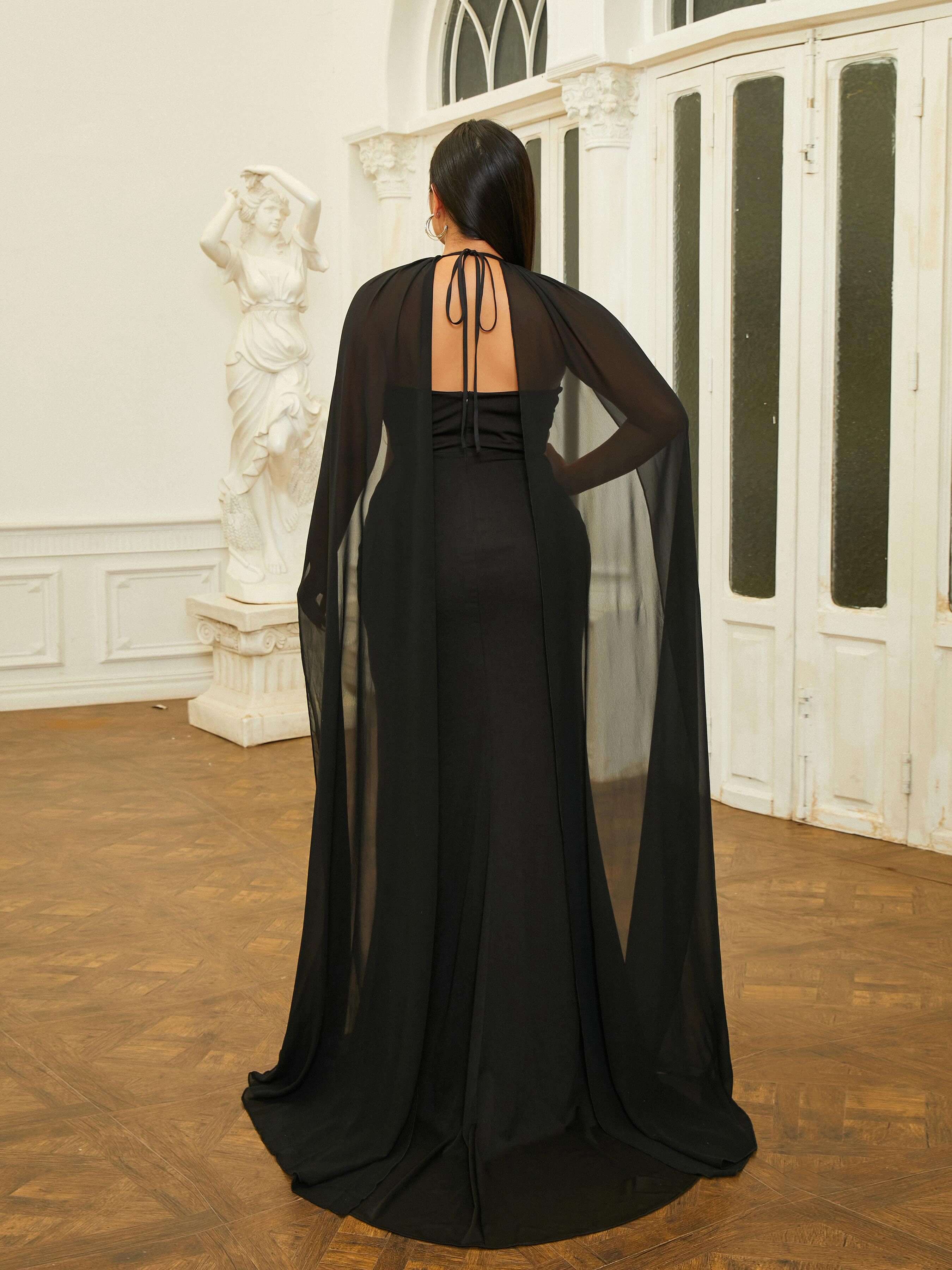 MISSORD Plus Size Cutout Halter Ribbon Splite Black Prom Dress